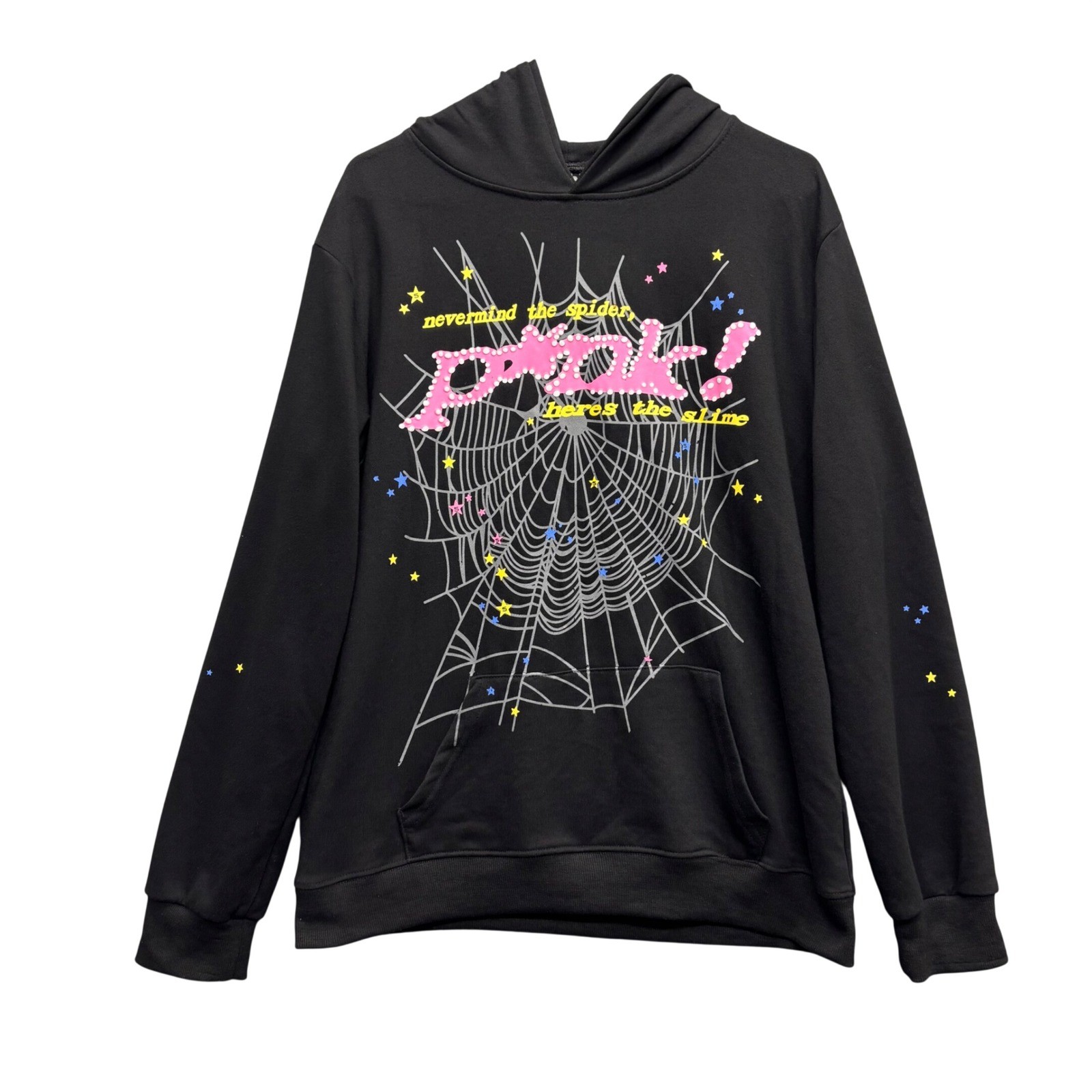 Sp5der Nevermind The Spider Here’s The Slime Hoodie Black Pink Web Graphic M
