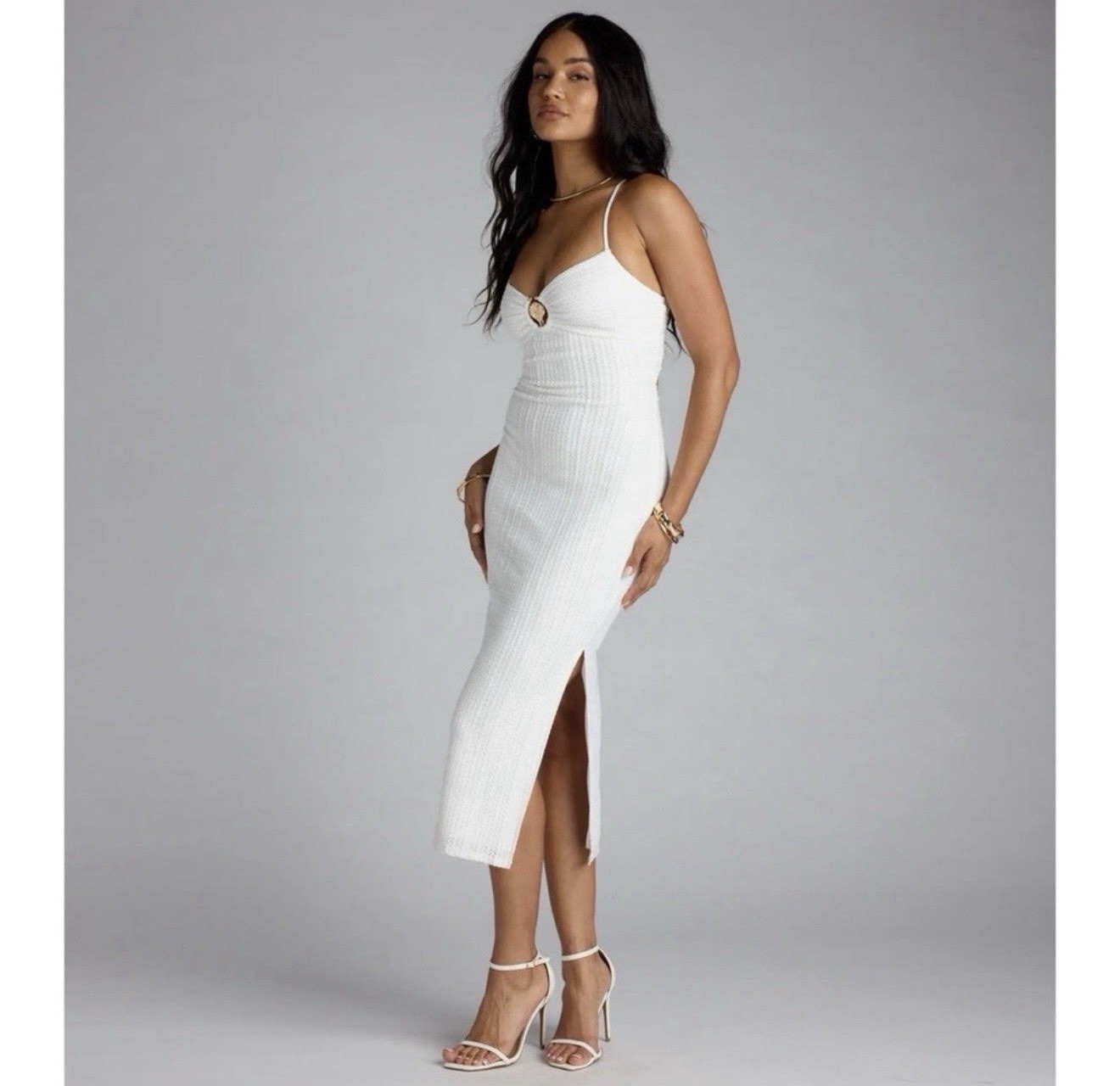 Windsor Ivory Lace Up Knit Seashell Split Bodycon Midi Dress Size XS