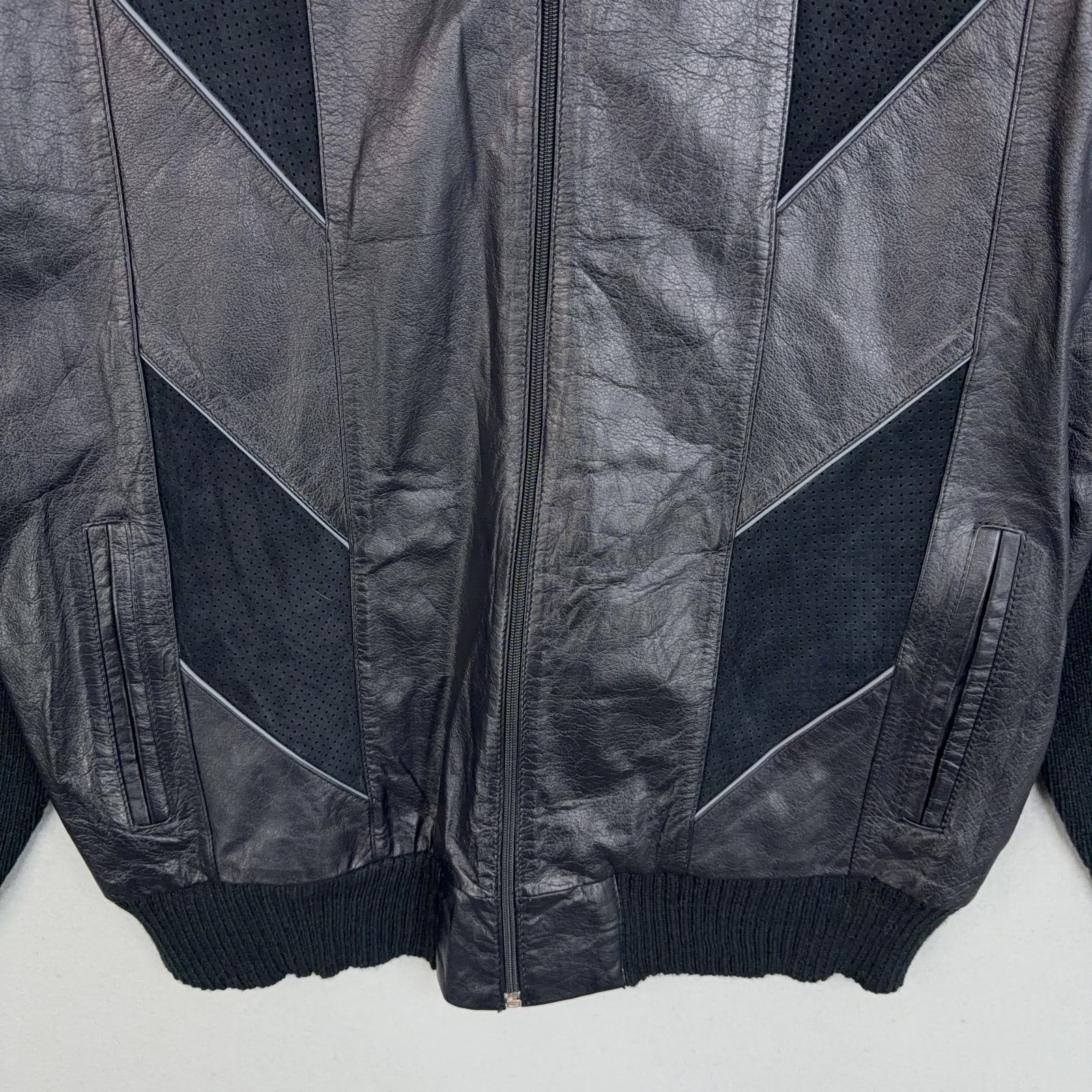 Vintage Mario Bellucci Jacket Womens Large Tall LT Leather Knit Bomber Geometric