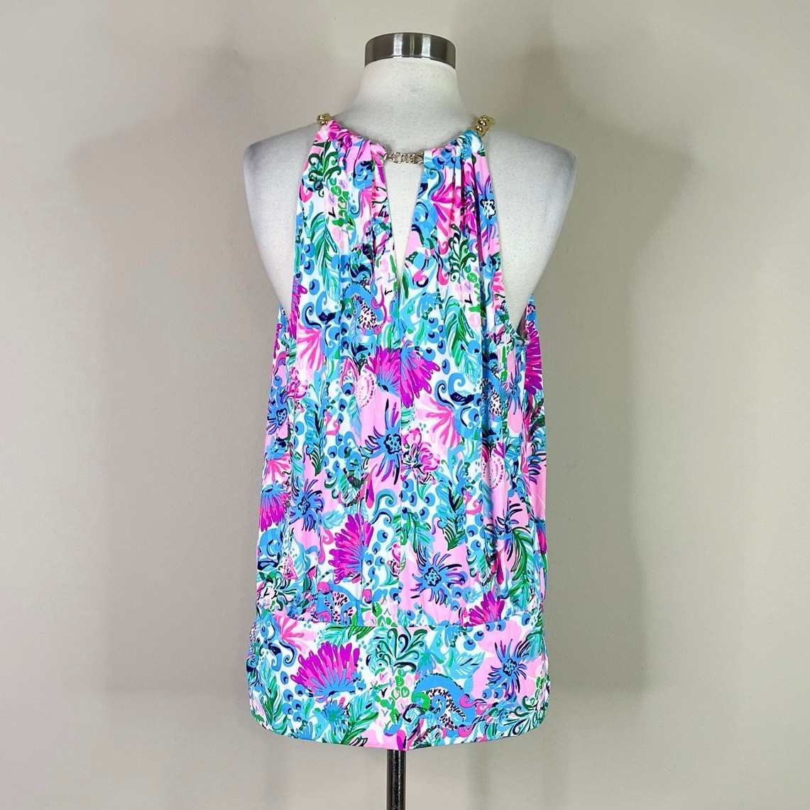 Lilly Pulitzer | Bowen Tropical Pink Floral Halter Gold Chain Tank Top Large