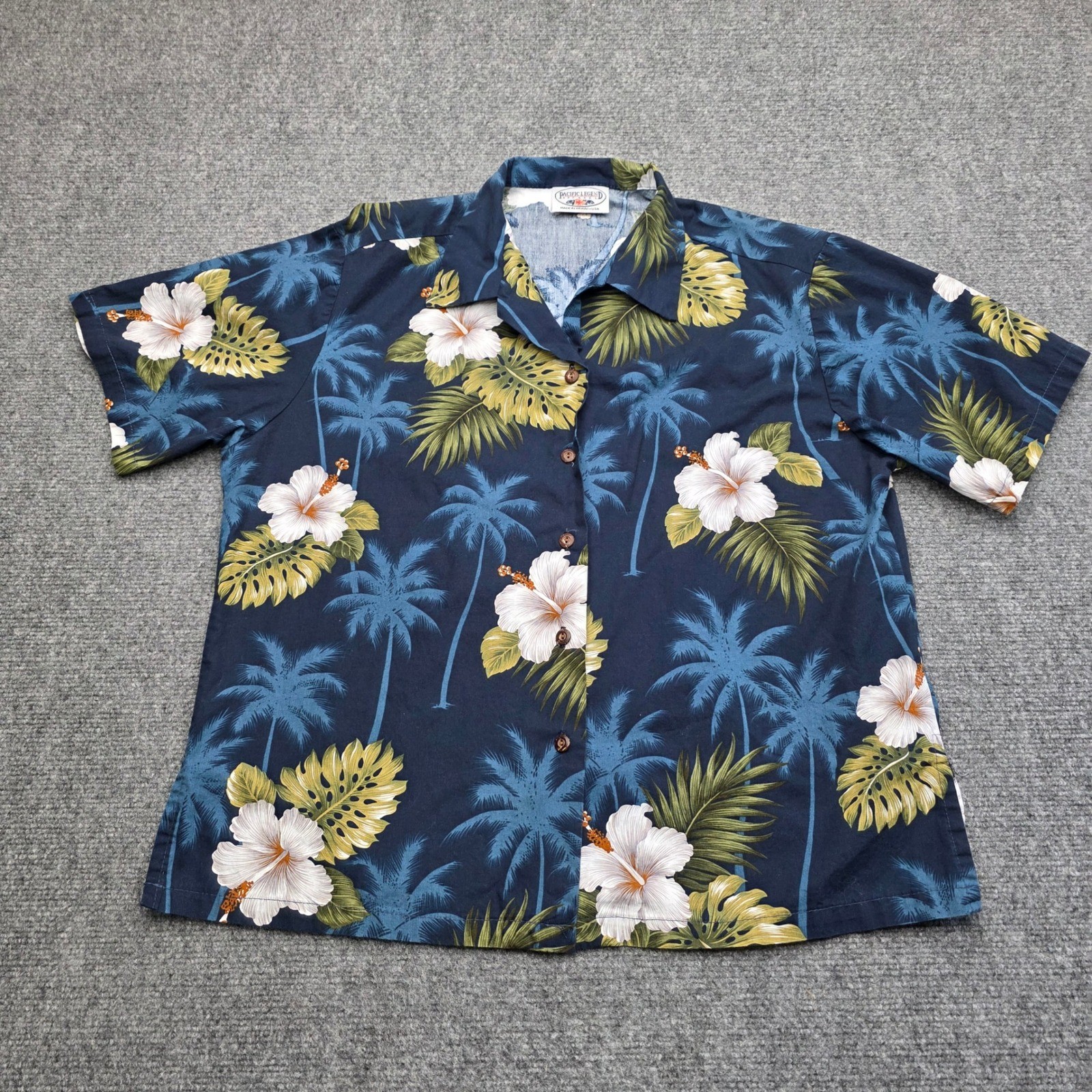 Men’s Large Pacific Legend Hawaiian Shirt Blue Hibiscus Palm Tree Aloha Made In