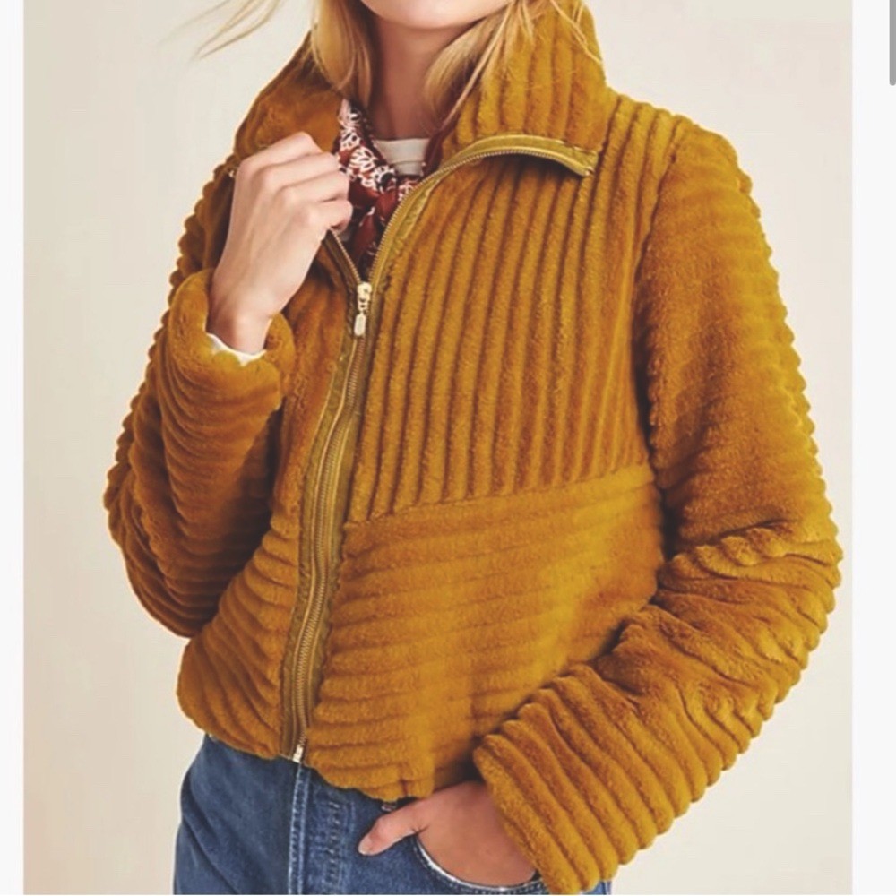 Anthropologie Natasha Faux Fur Jacket Sz Small Bomber Maize Mustard