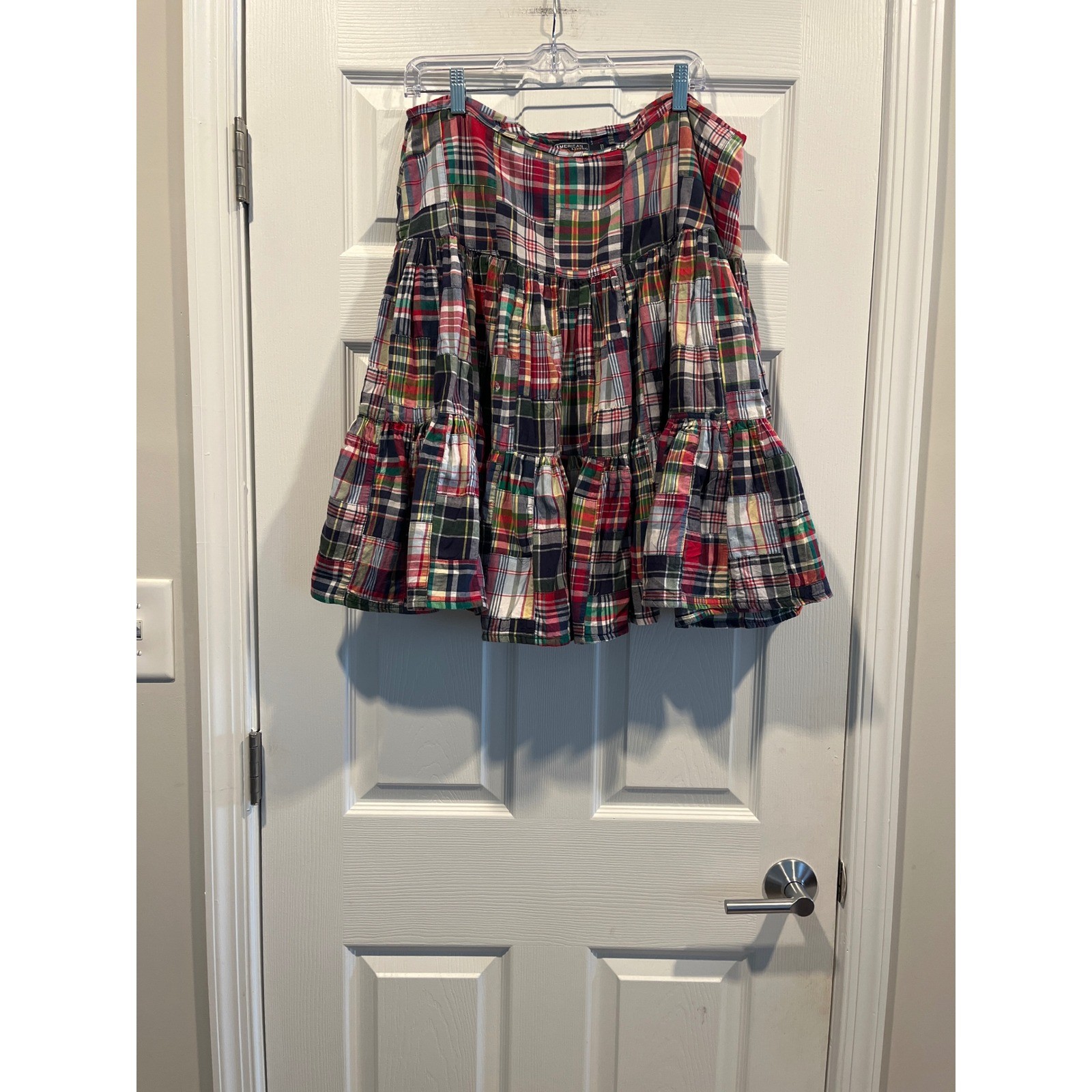 American Living Patchwork Plaid Tiered Skirt Multi Color Cotton Madras Size 14