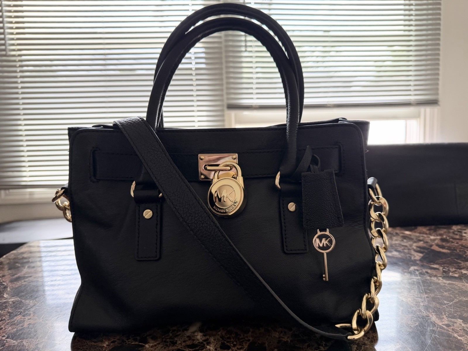 Michael Kors black Saffiano leather Hamilton East West Studio gold bag tote