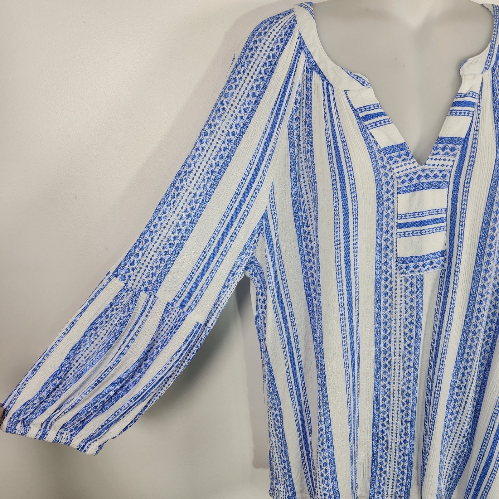 Brina & Em Womens Colter Split Neck Top Blue White Striped 3/4 Sleeve Boho XL