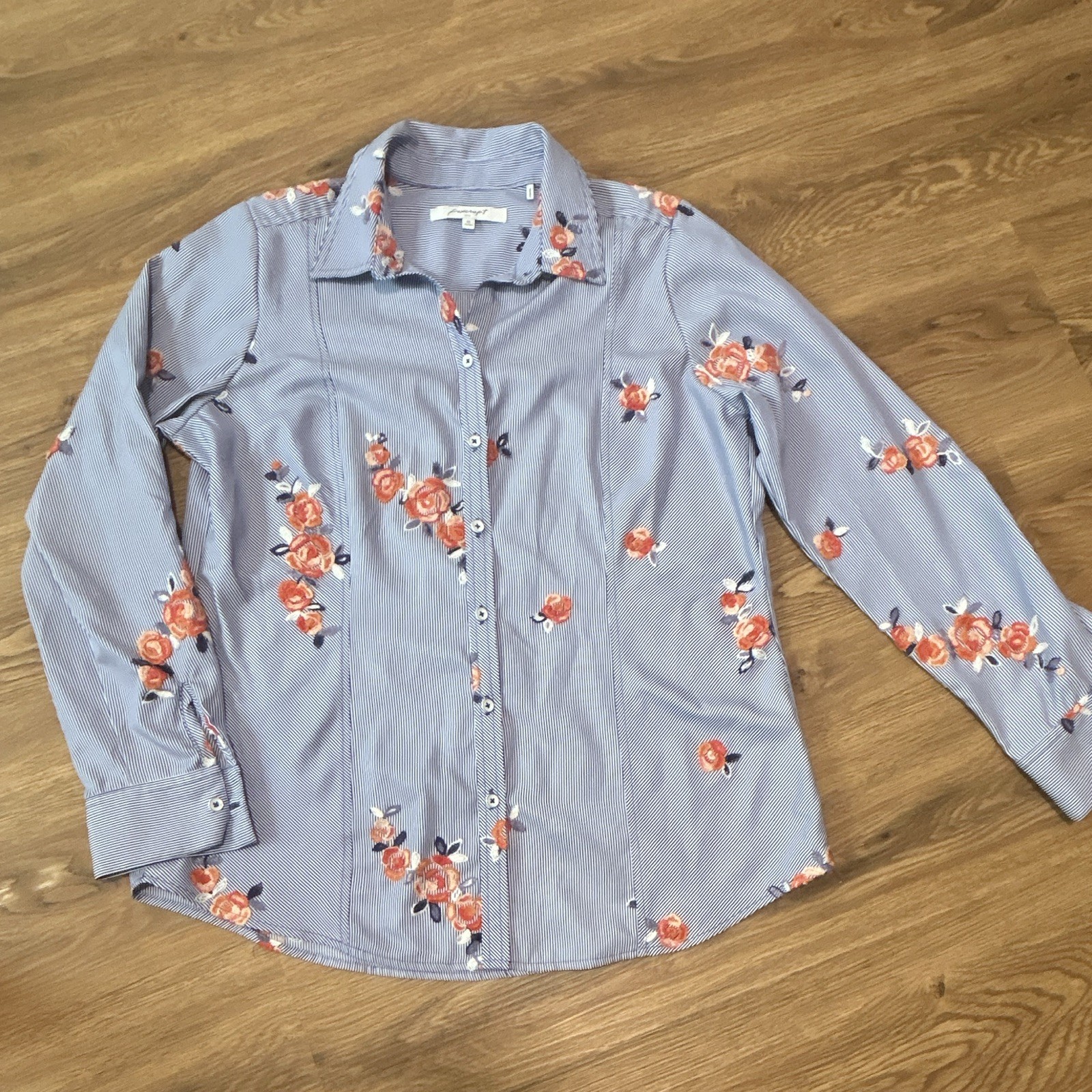 Foxcroft Blue White Striped Floral Embroidered Button-Up Collared Shirt 10
