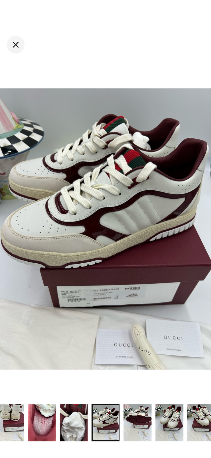 Men’s Gucci re-web sneakers in white leather and patent trim size 11 fits 12 US