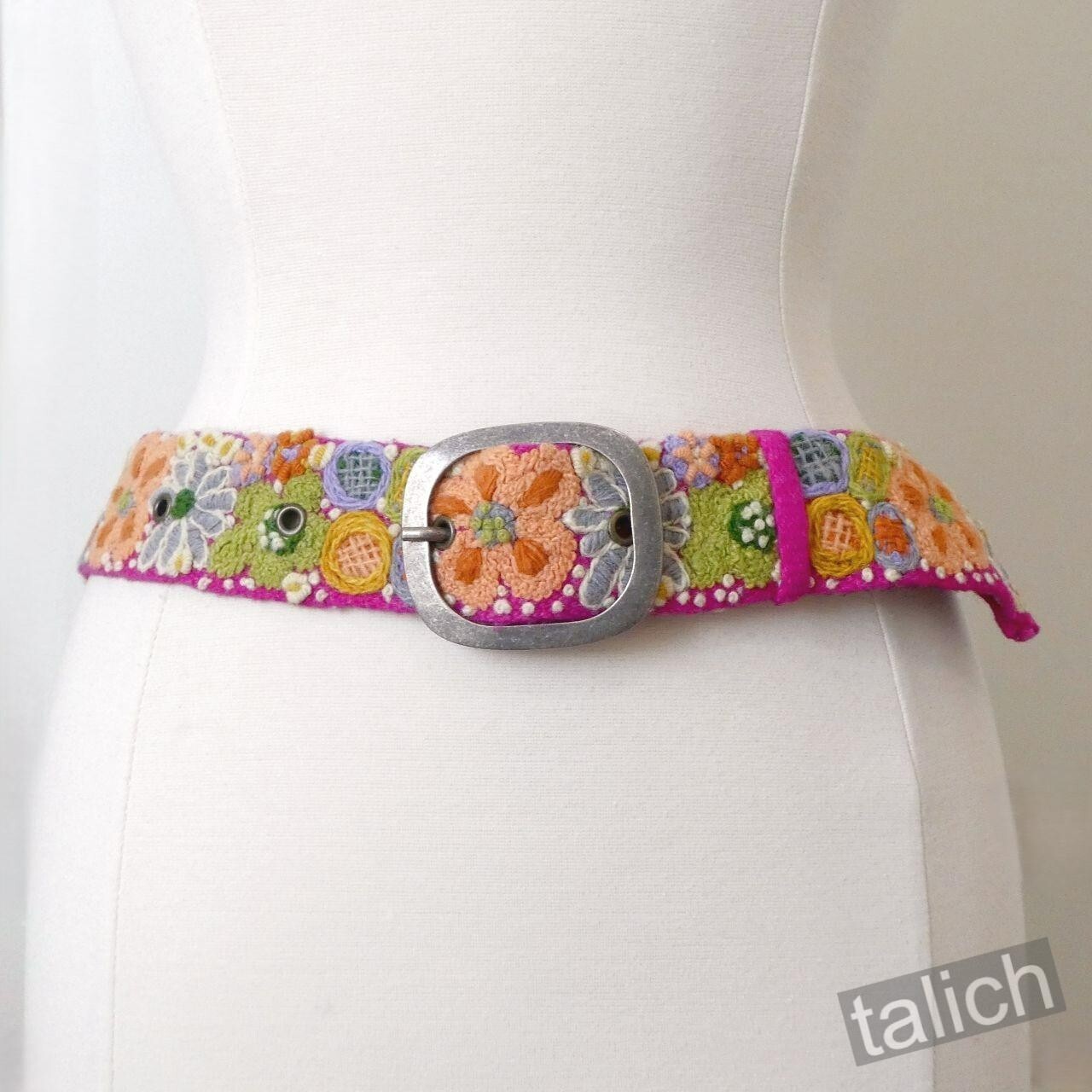 Jenny Krauss Wildflowers Multicolor Floral Embroidered Wool Belt Handmade S M L