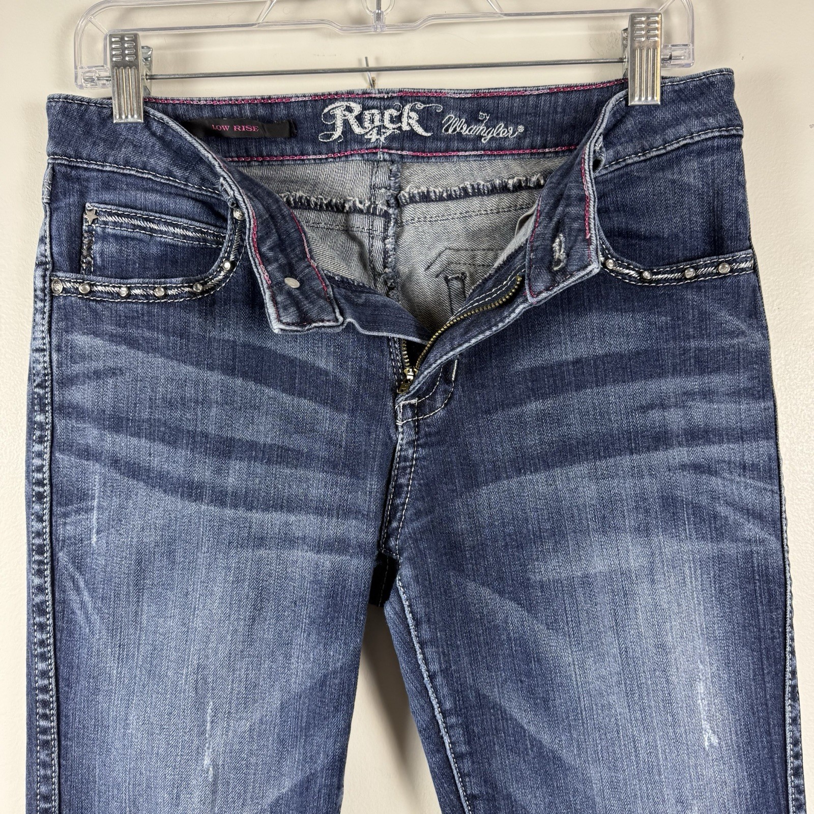 Wrangler Rock 47 Low Rise Bootcut Jeans SZ 7×34 Western Embellished Distressed