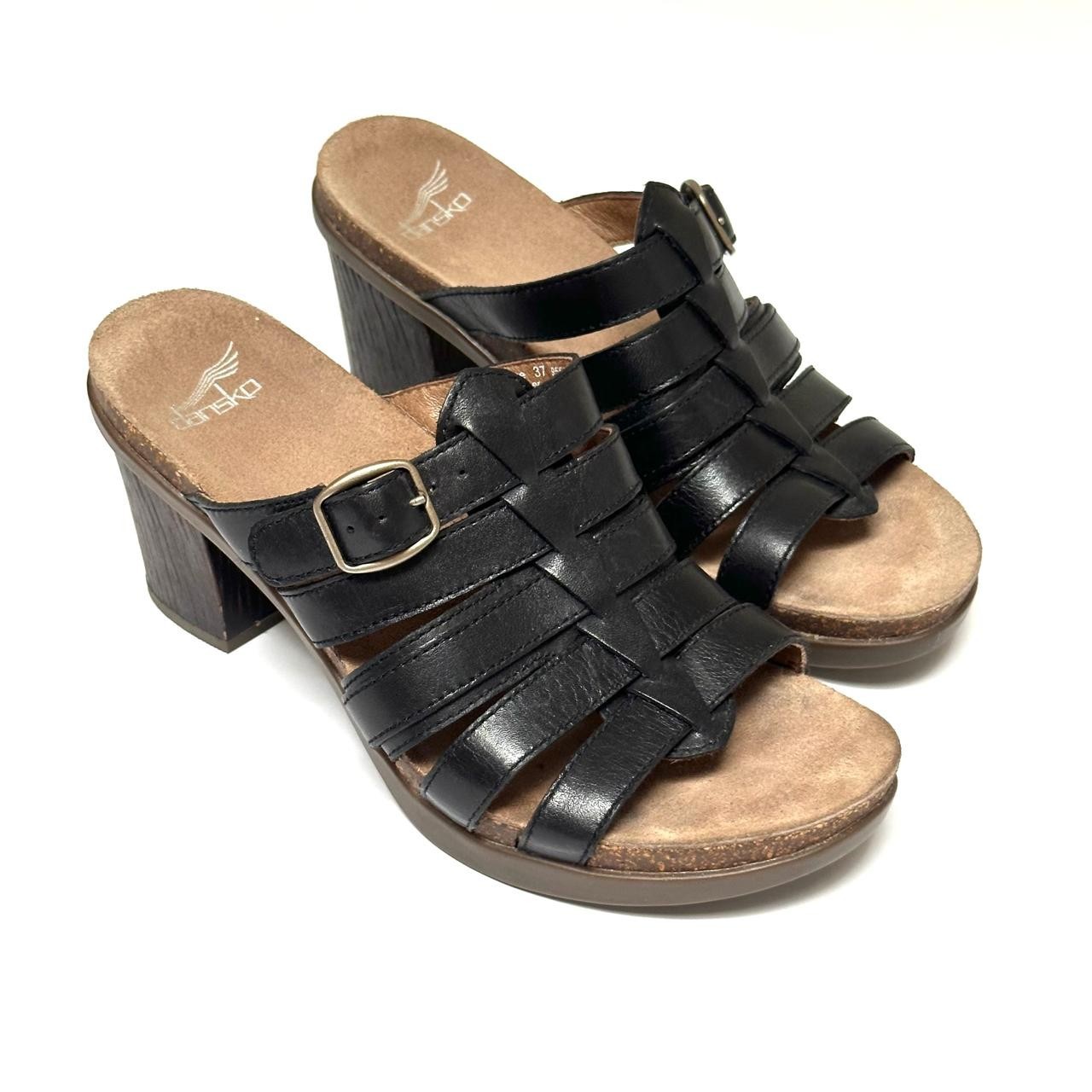 Dansko Dawson Black Leather Strappy Block Heel Mule Sandals Women EU 37 US 6.5-7