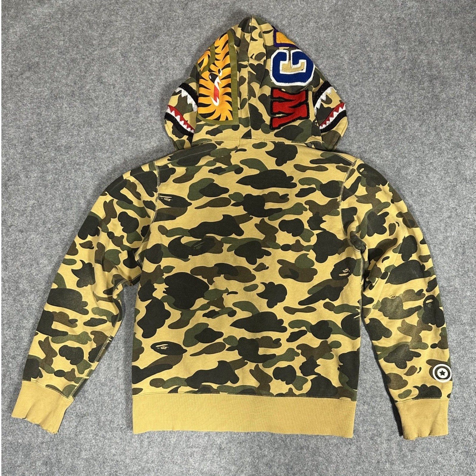A Bathing Ape Shark Full-Zip Hoodie Medium Yellow Camo Cotton Frayed Hem