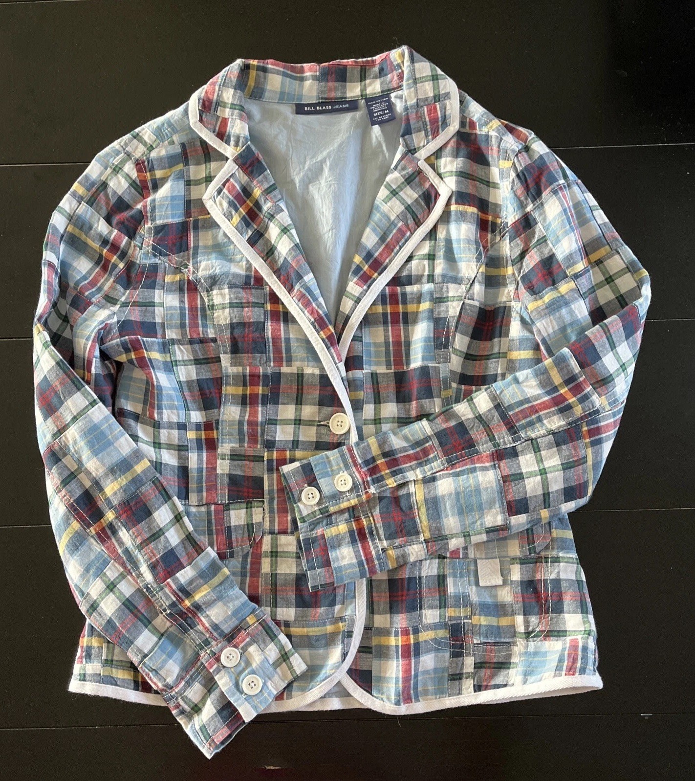 Bill Blass Jeans Quilted Patchwork Blazer Womens M Blue Plaid Cotton Jacket