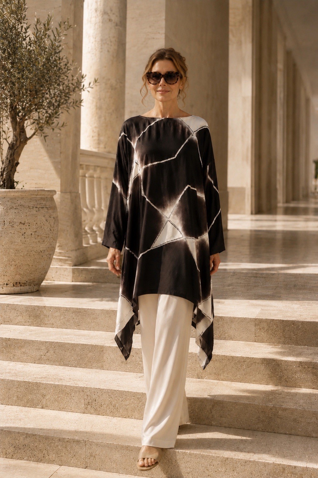Eskandar Shibori Hand-Dyed Silk Tunic Asymmetric Drop Hem 48” Sz 0