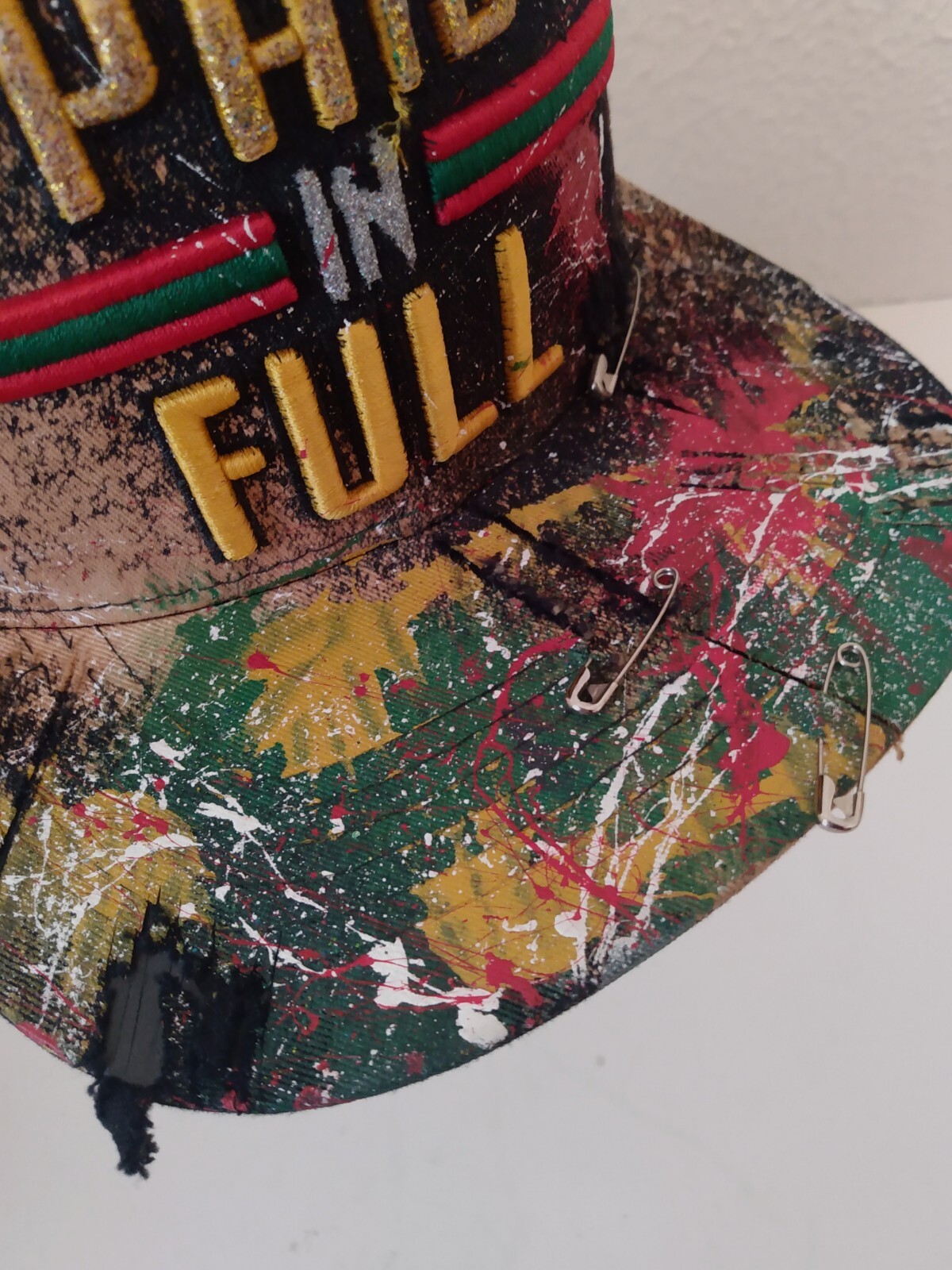 Top Level Paid In Full Distressed Pins Paint Splatter Snap Back Hat Cap