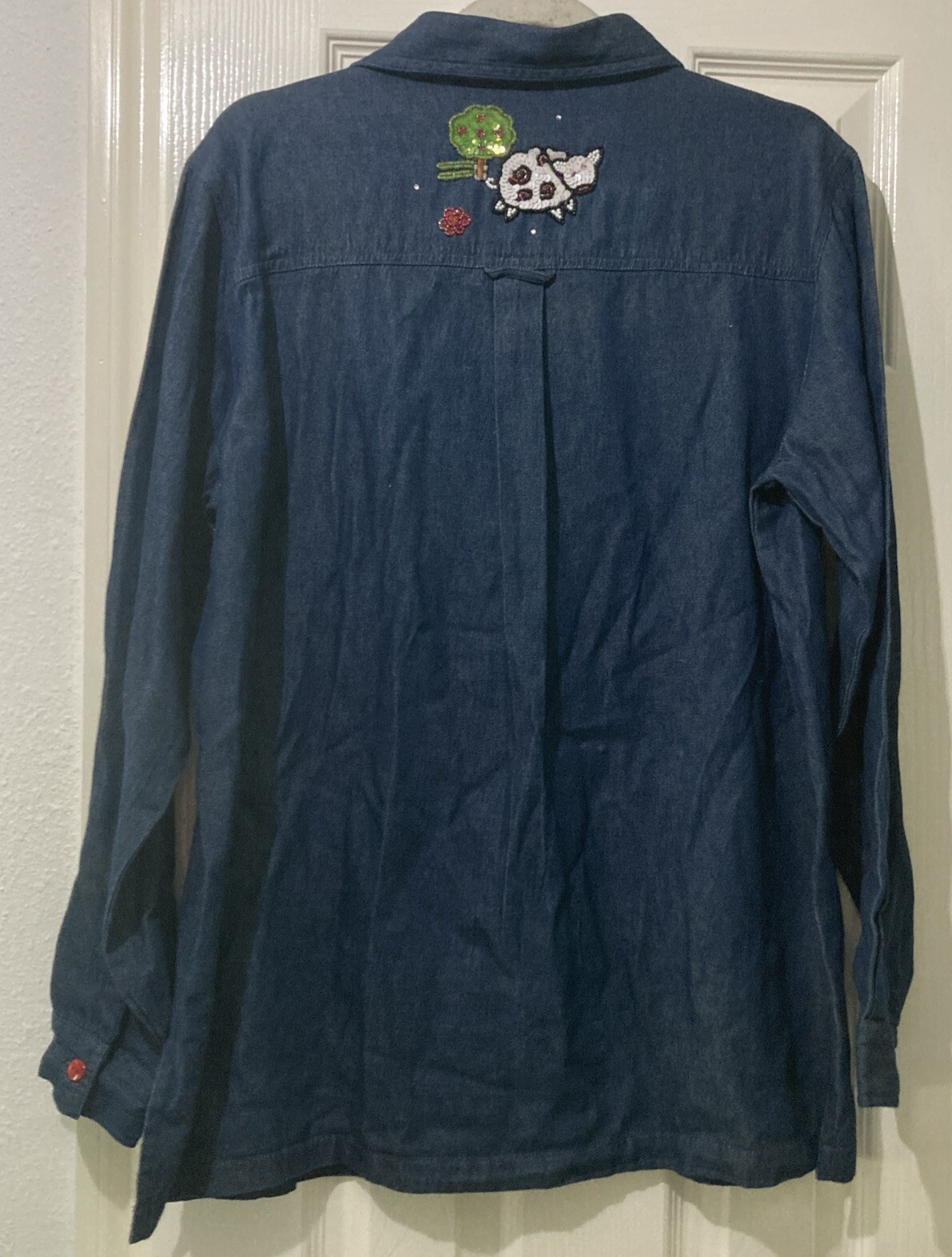 Quacker Factory Size Medium Farm Animals Button Up Shirt Beaded Sequin Chambray