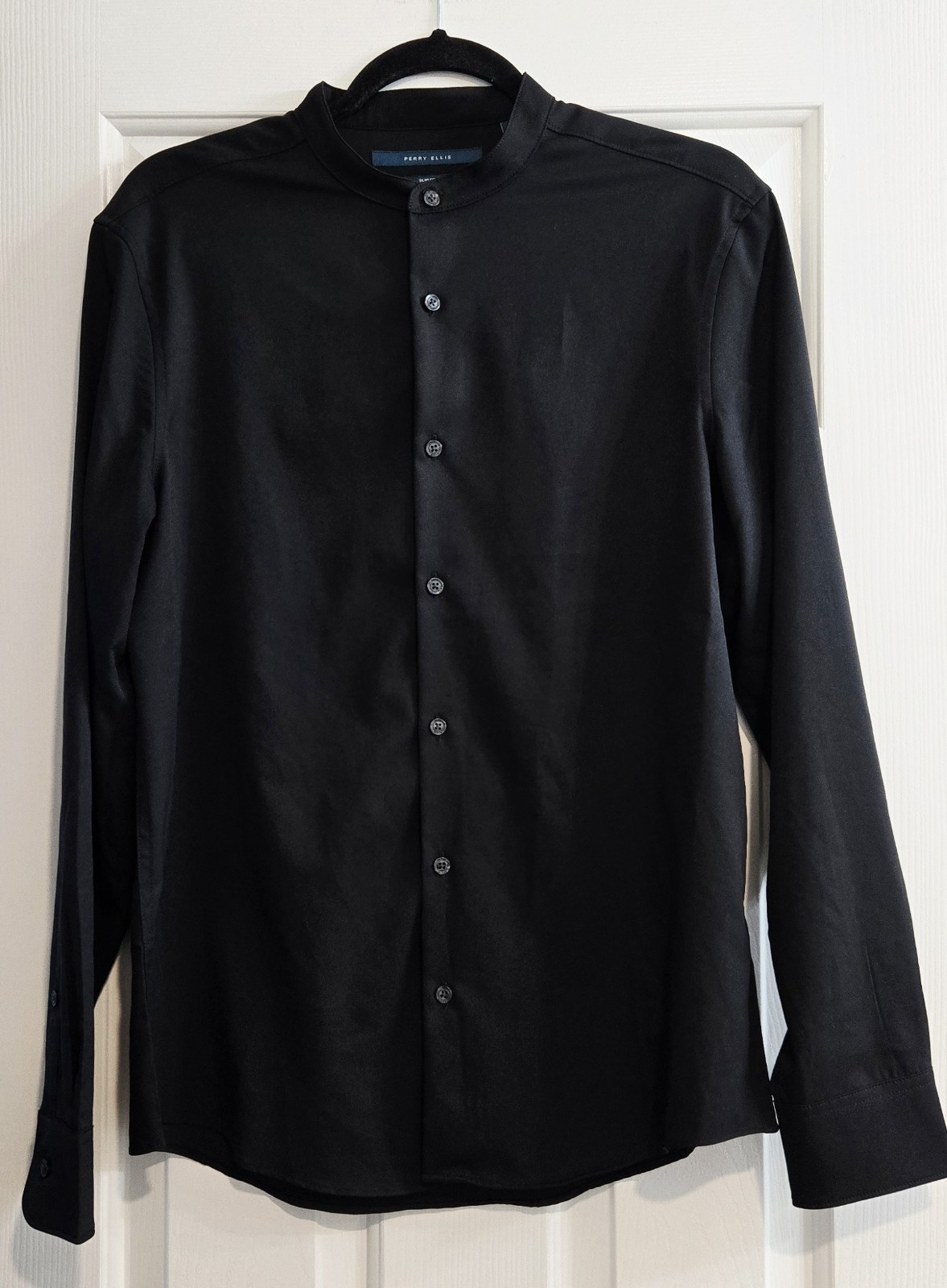 Perry Ellis Shirt Medium Black Banded Collar Untucked Slim Fit Stretch Modern