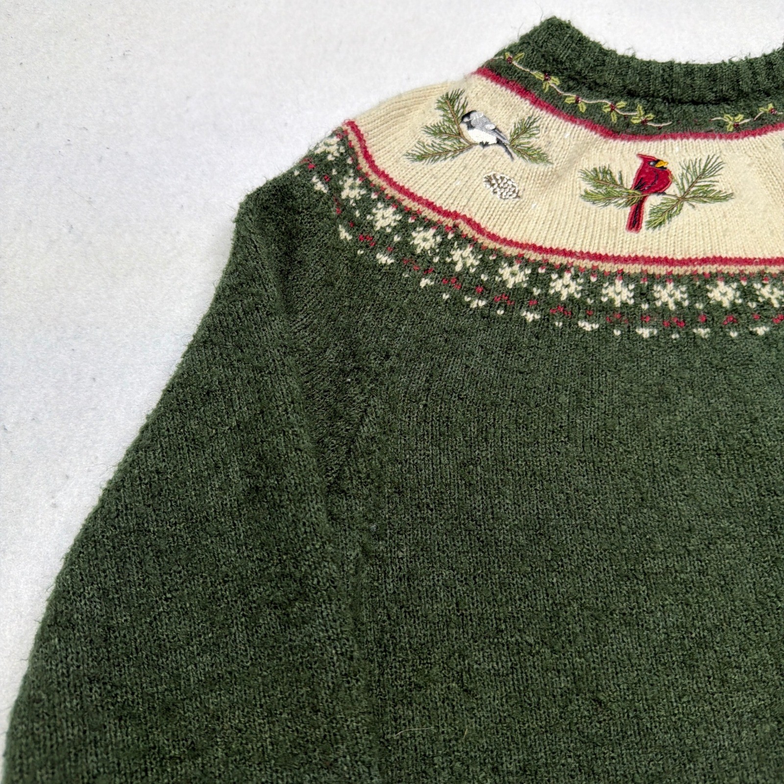 Vintage Croft & Barrow Silk Wool Fair Isle Bird Embroidered Knit Sweater Large