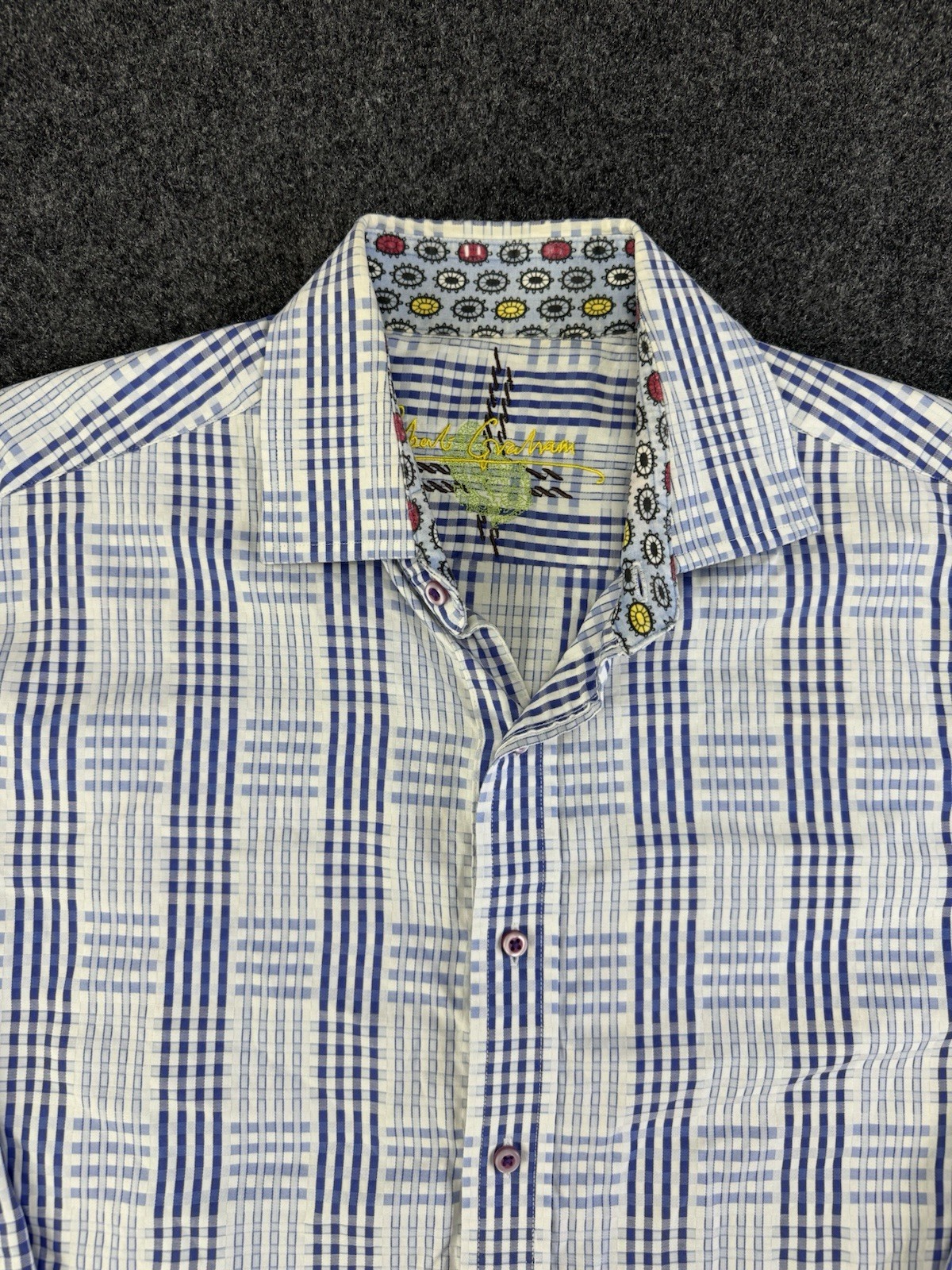 Robert Graham Geo Check Long Sleeve Shirt Blue White Pattern Size Large