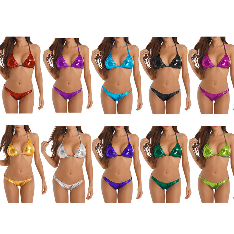 US Women Shiny Metallic Bikini Set 2Piece Swimsuit Bra Top w/Thongs Bathing Suit