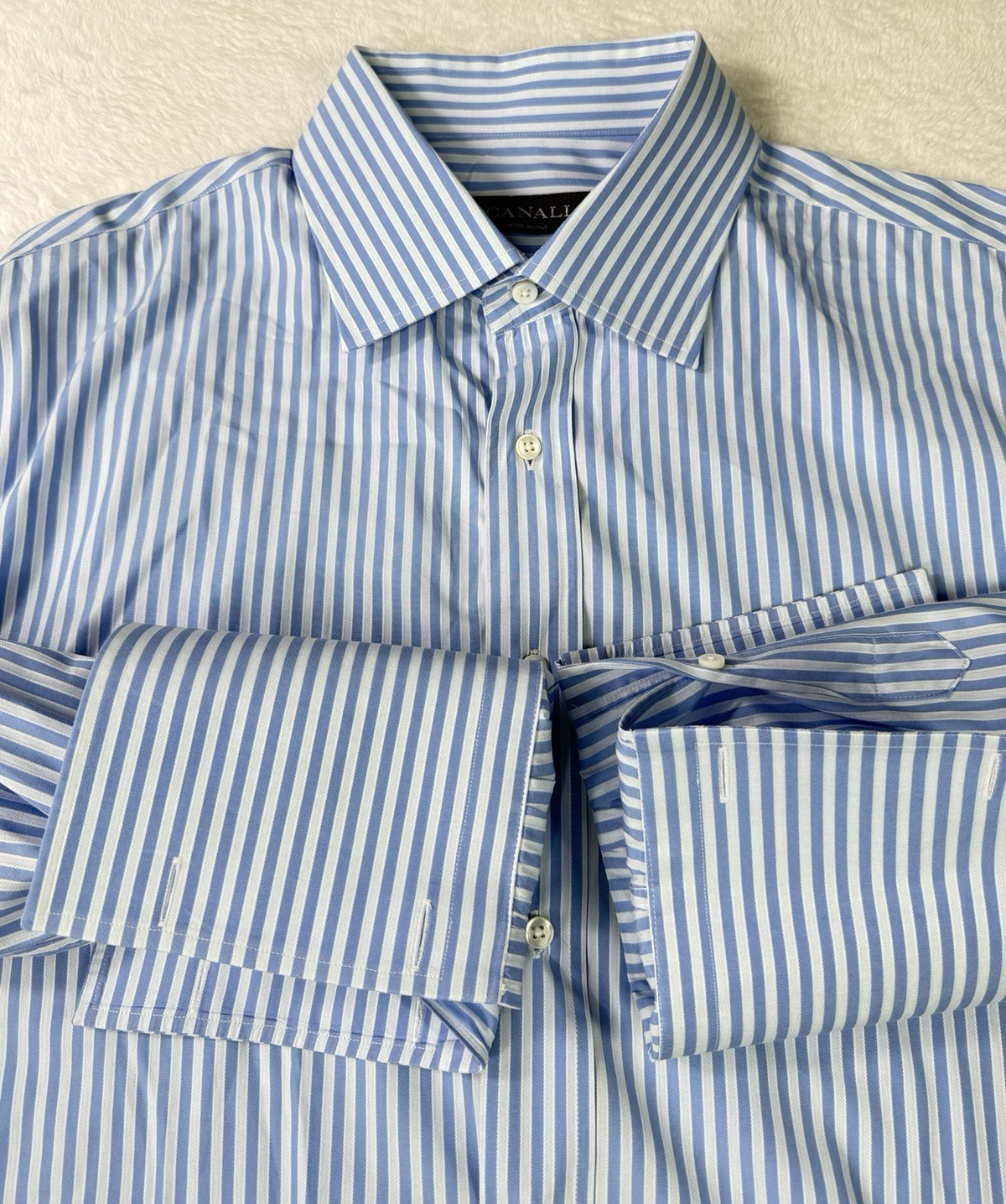 Canali Dress Shirt Mens 43/17 Blue Striped Button Long Sleeve Made in Italy Cuff