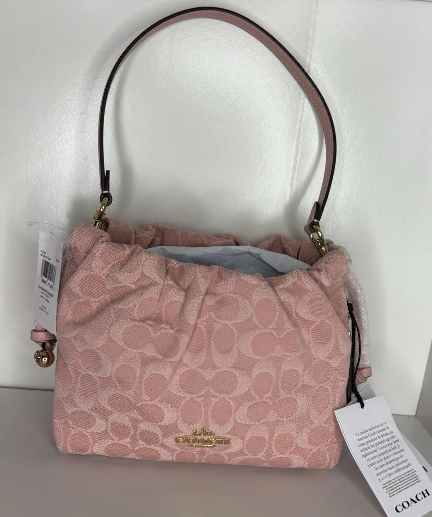 Coach Faye Pink Denim Drawstring Shoulder Bag – Japan Version – 100% Authentic