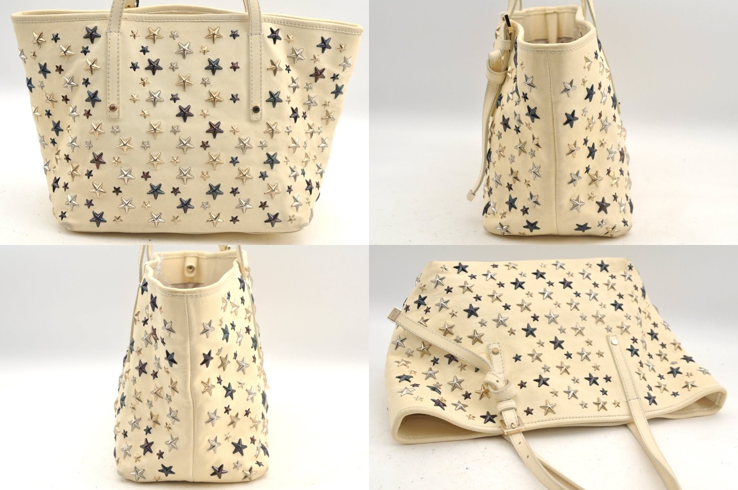 Authentic JIMMY CHOO Sasha S Star Studs Leather Shoulder Tote Bag White AB597