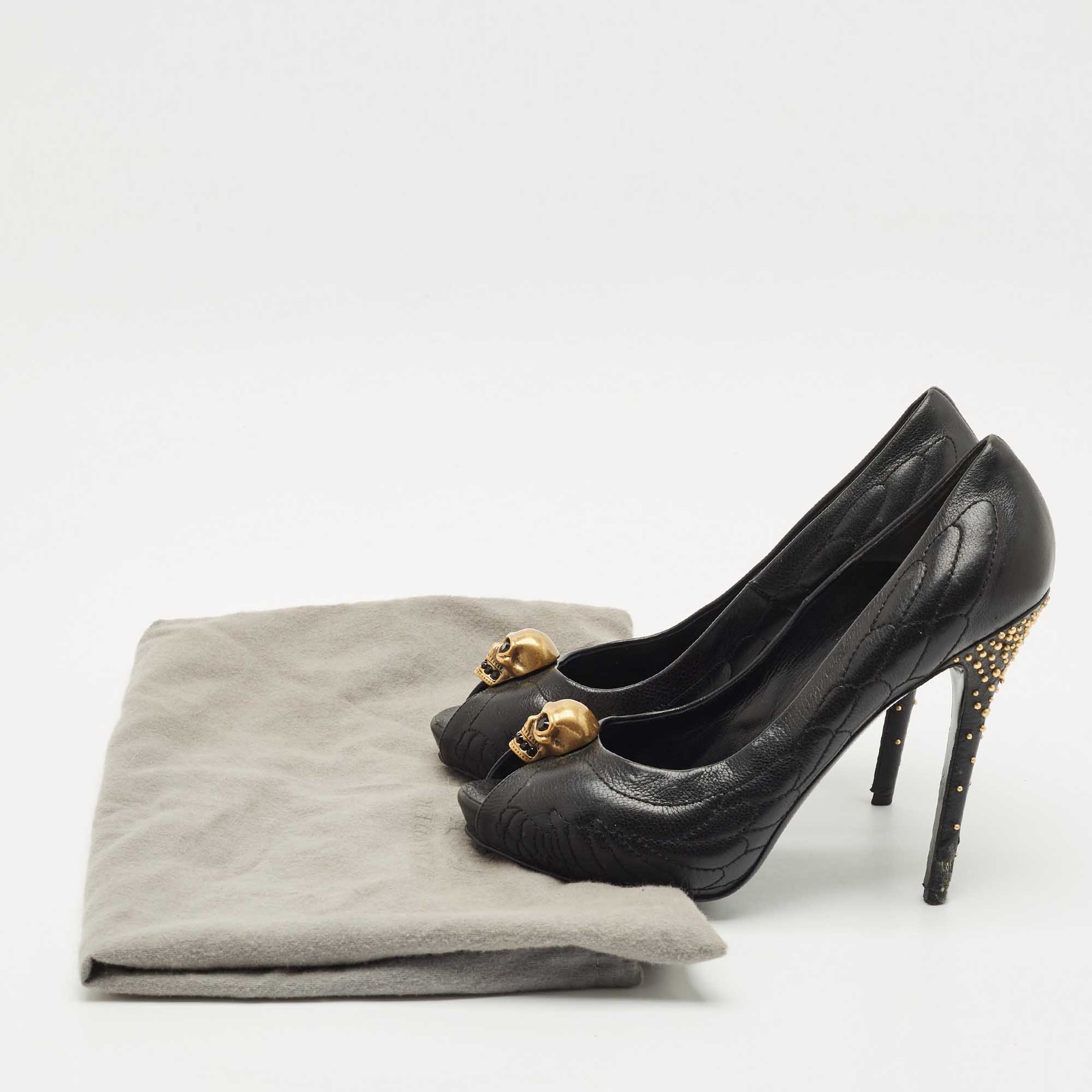 Alexander McQueen Black Leather Crystal Embellished Skull Detail Peep Toe