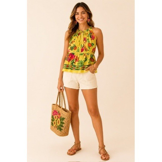 NWOT Farm Rio Yellow Tropical Fruit Print Halter Top Lace Trim Peplum Size XL