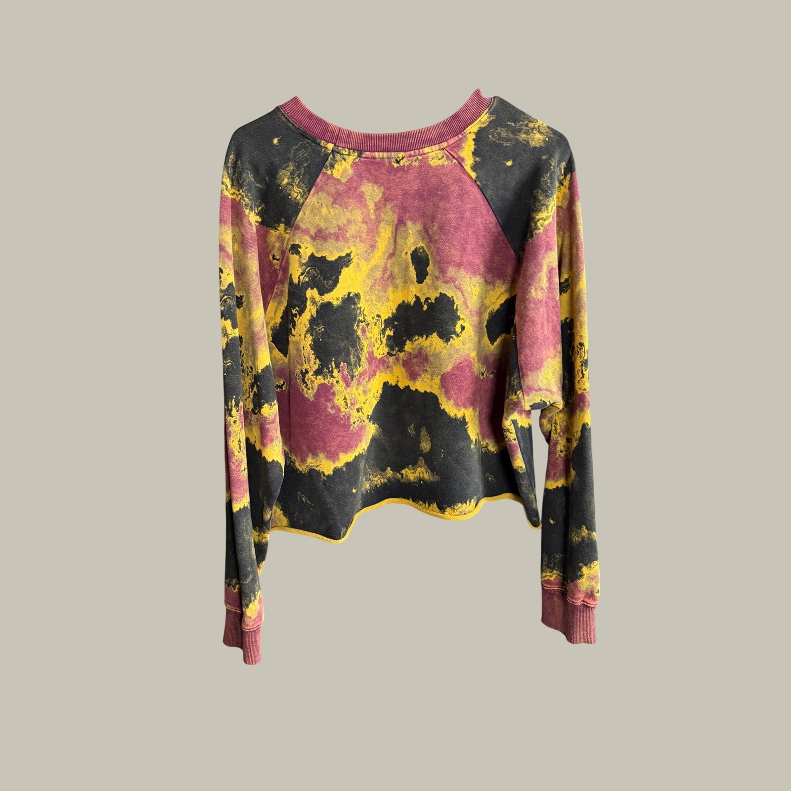 JoyLab Acid Wash Cropped Sweatshirt XL Yellow Maroon Black Grunge Pullover
