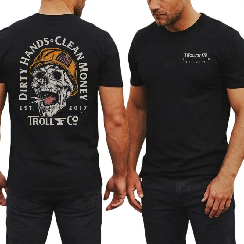 Troll Co Dirty Hands Clean Money Skull Graphic T Shirt 2 Sides, Construction Har