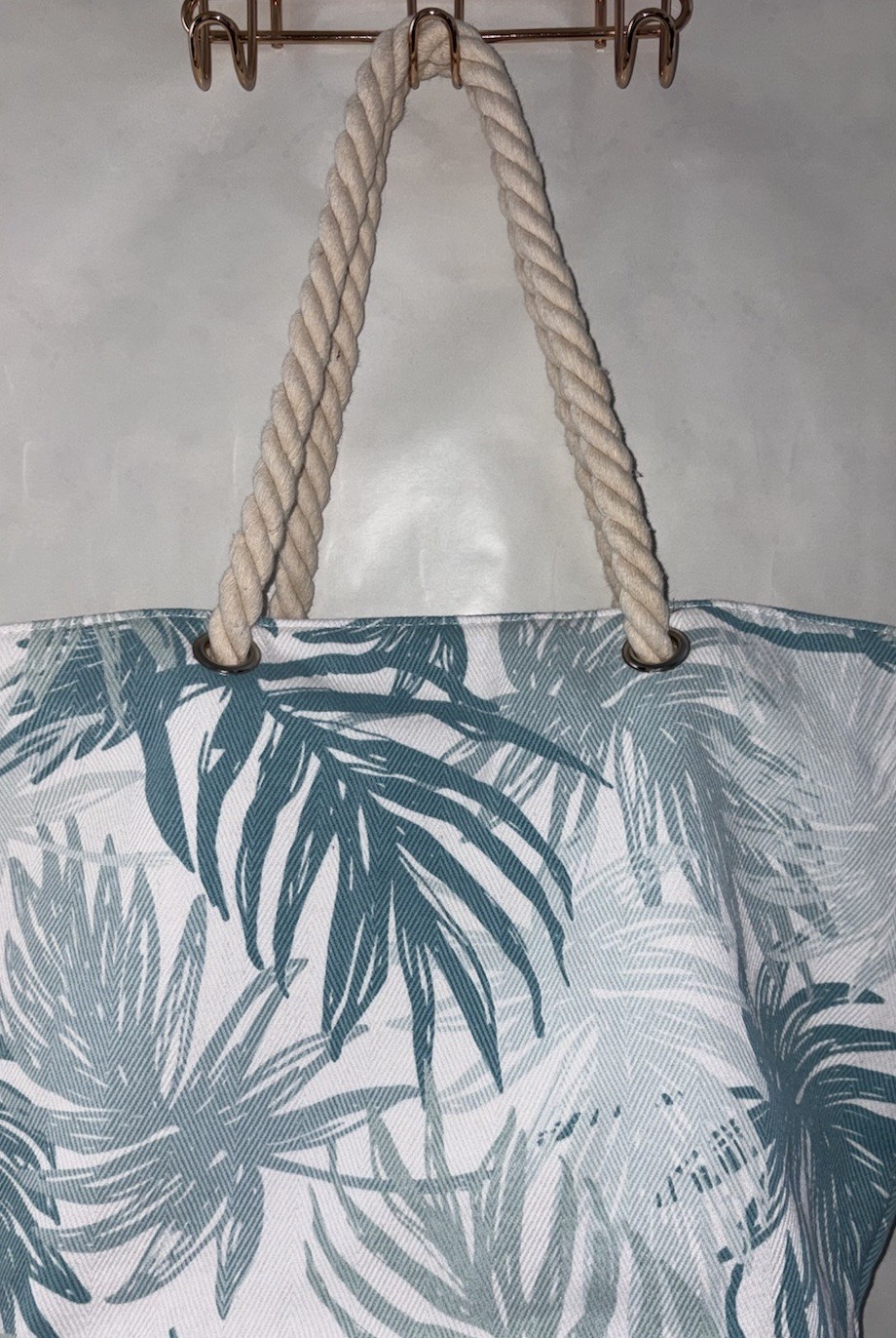 West Loop Tote Bag Tropical Palm Leaf Leaves Rope Handles Durable Fabric Teal Wh