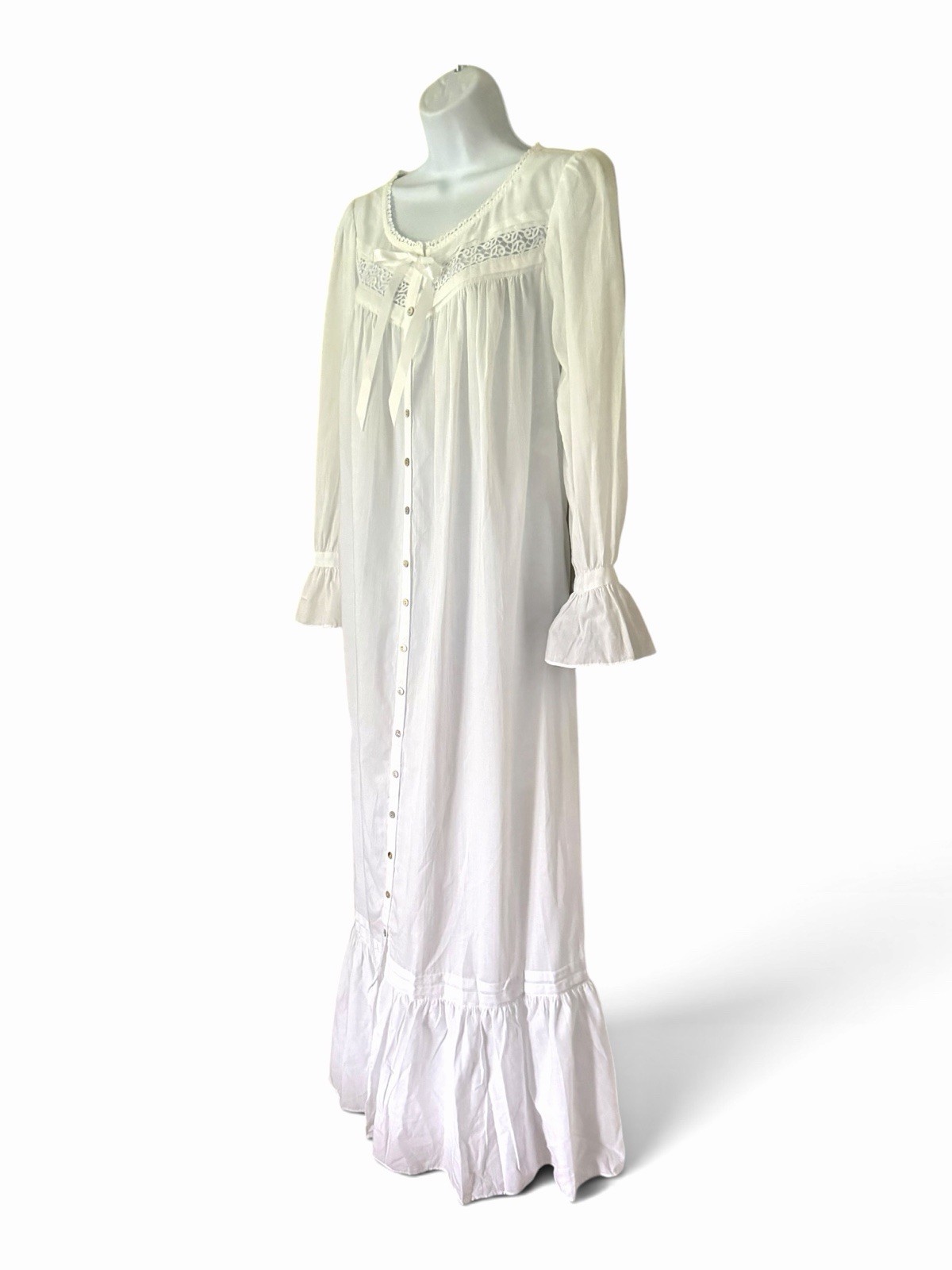 New Eileen West 100% Cotton Nightgown P White Long Sleeve Prarie 53” USA NWT
