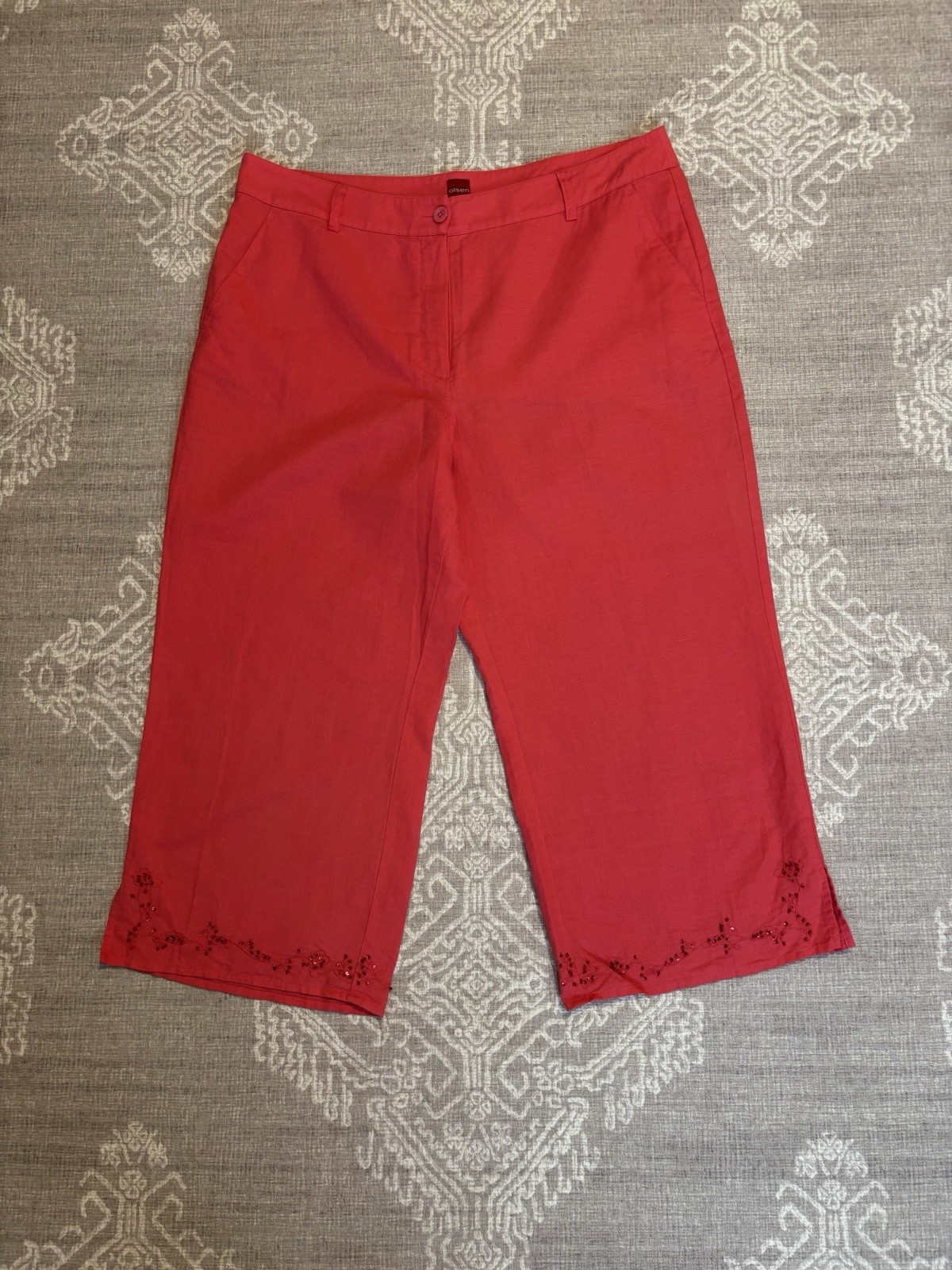 Olsen Wide-Leg Linen Mix Beading Detail Crop Trousers (Salmon Pink/Coral) 18