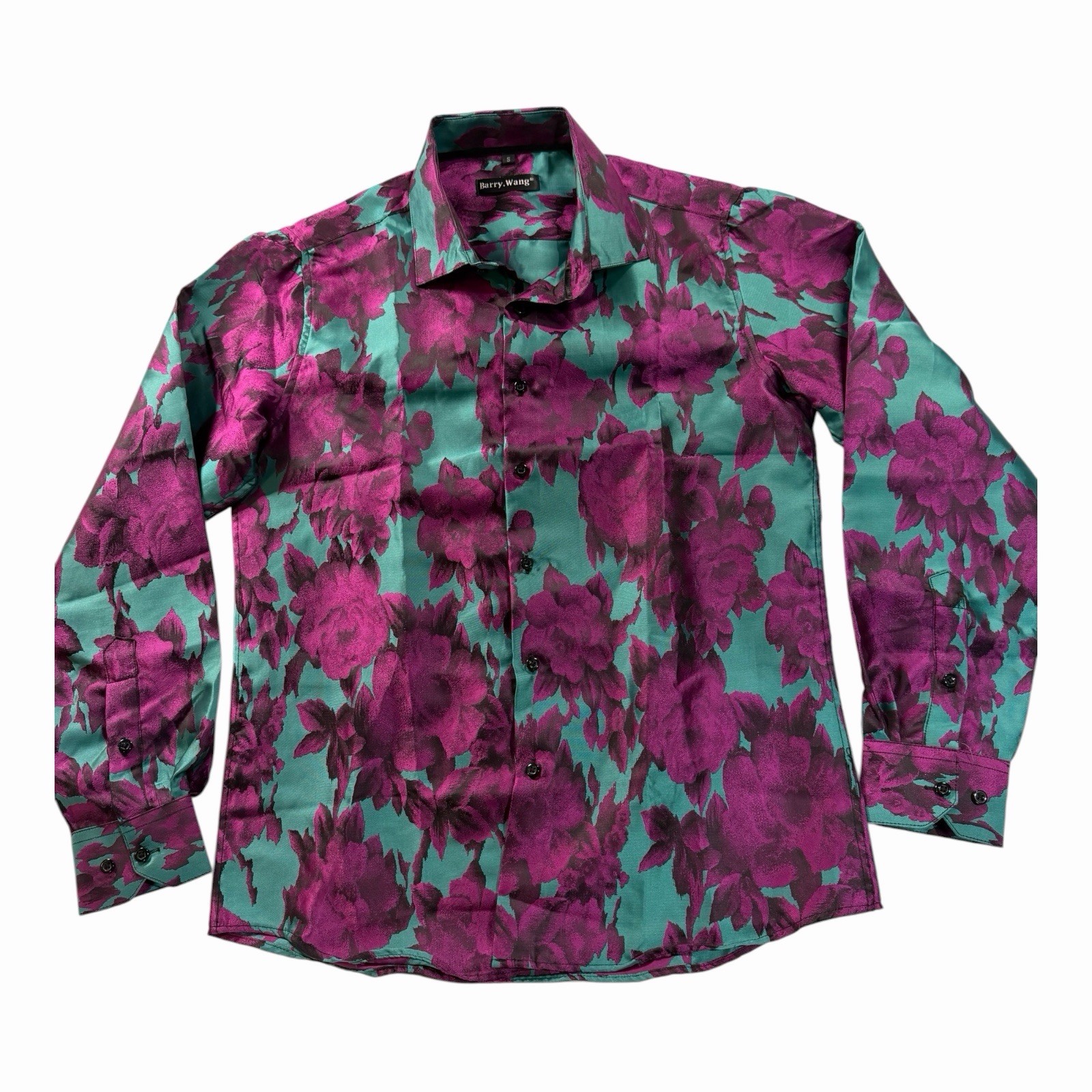 Barry Wang Men’s Teal Purple Dress Shirt Shiny Floral Button Up Small NWOT C68