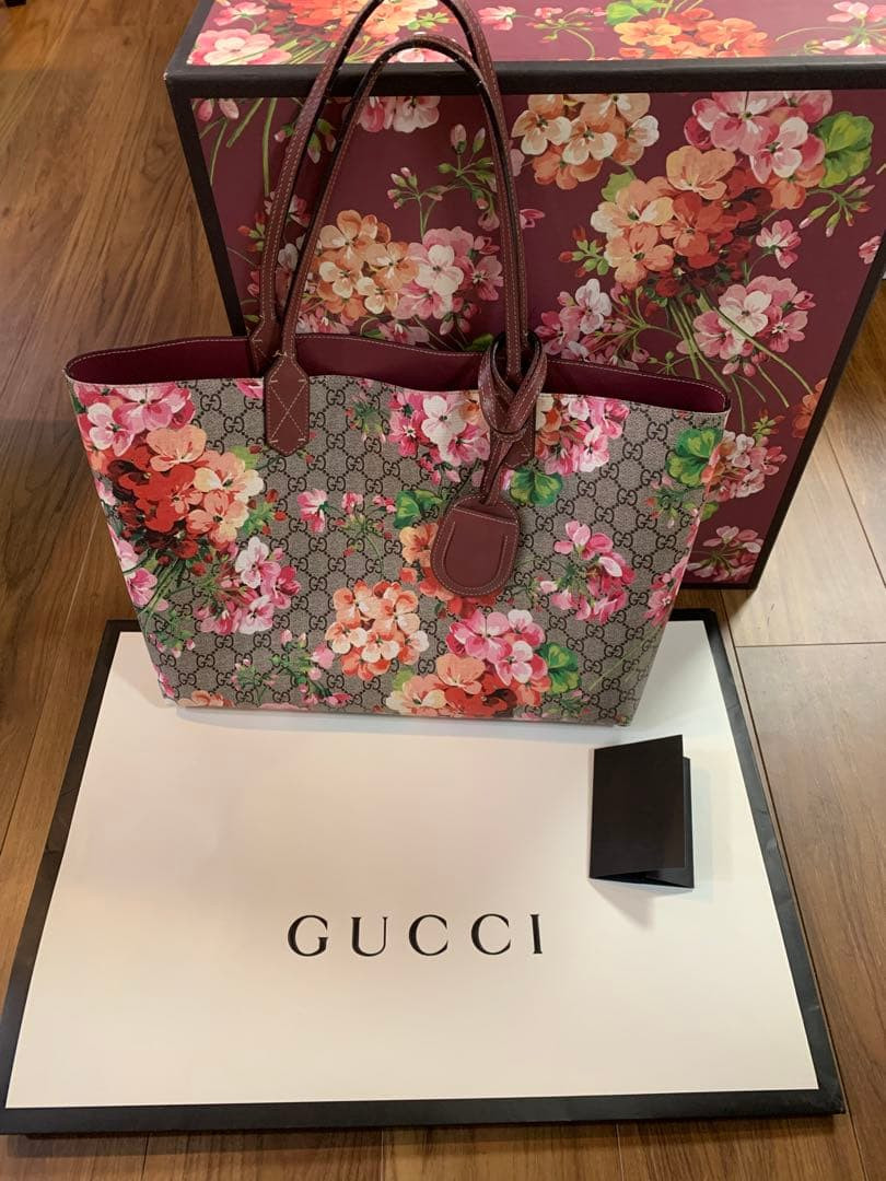 GUCCI GG Blooms Supreme Tote Bag Shoulder Bag Floral PVC Leather Reversible F/S