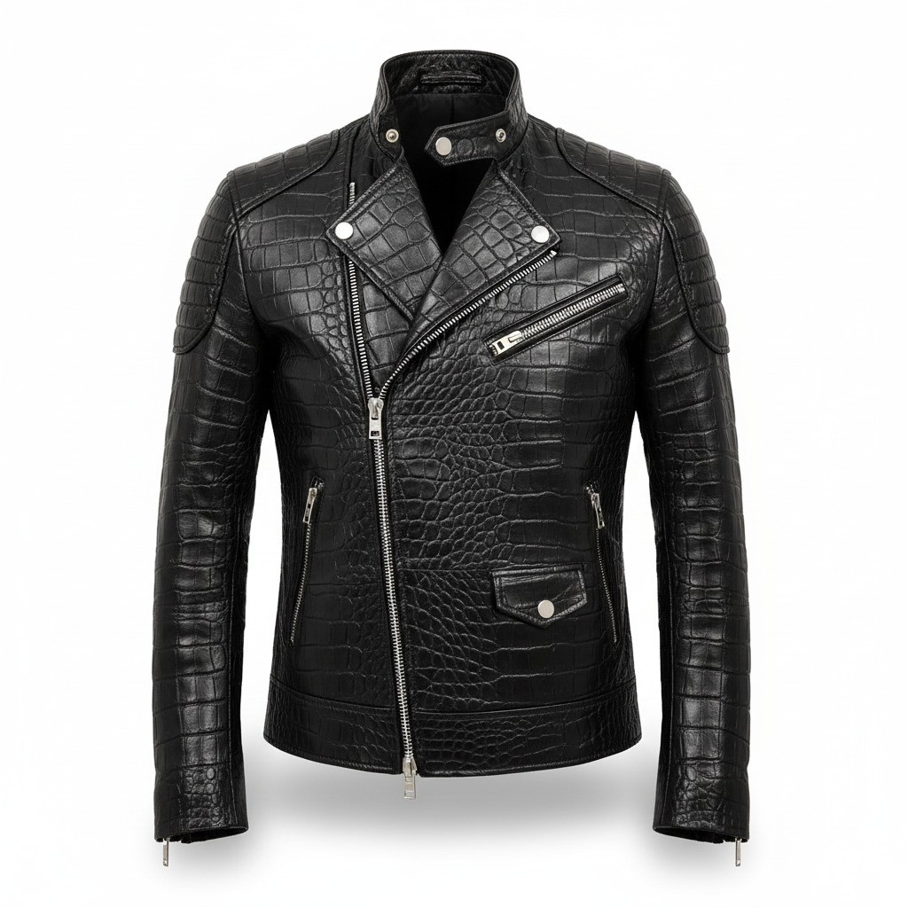 Men’s Black Crocodile Embossed Asymmetrical Motorcycle Biker Real Leather Jacket