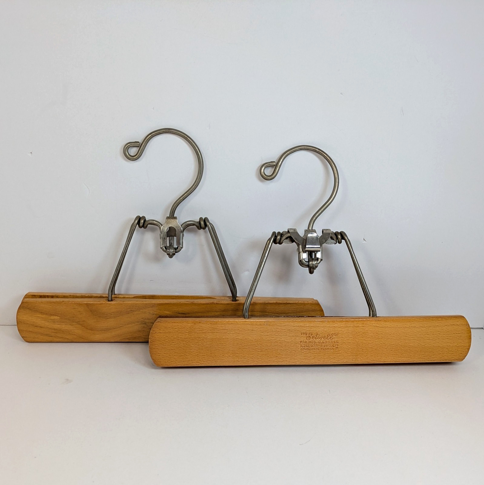 Setwell Pants Hangers (2) Vintage 10.25″ Clamp Wood Steel Felt Trousers Skirt