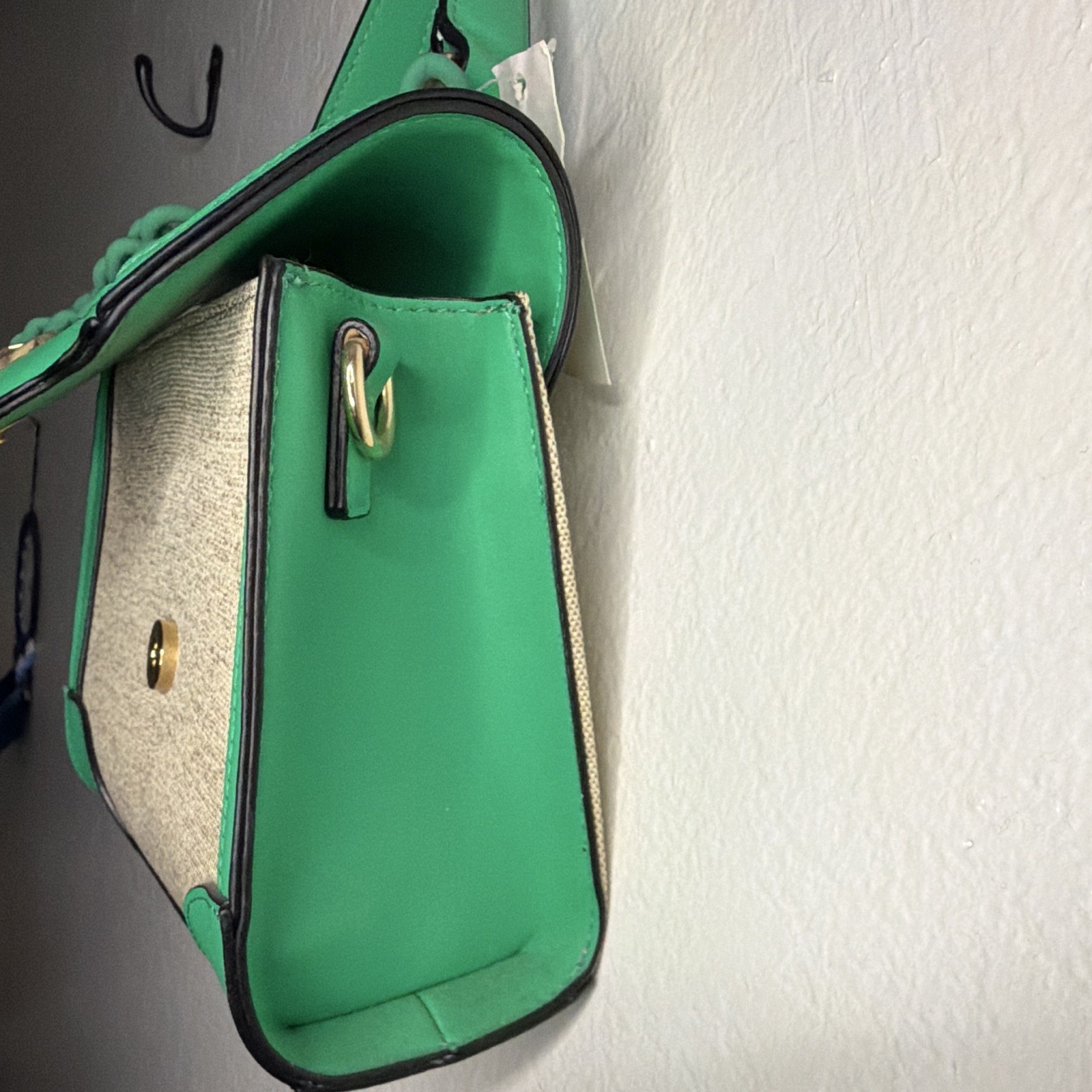 ALDO Beige/Green Satchel Top Handle Bag Magnetic Close, Chain Logo, Gold HW