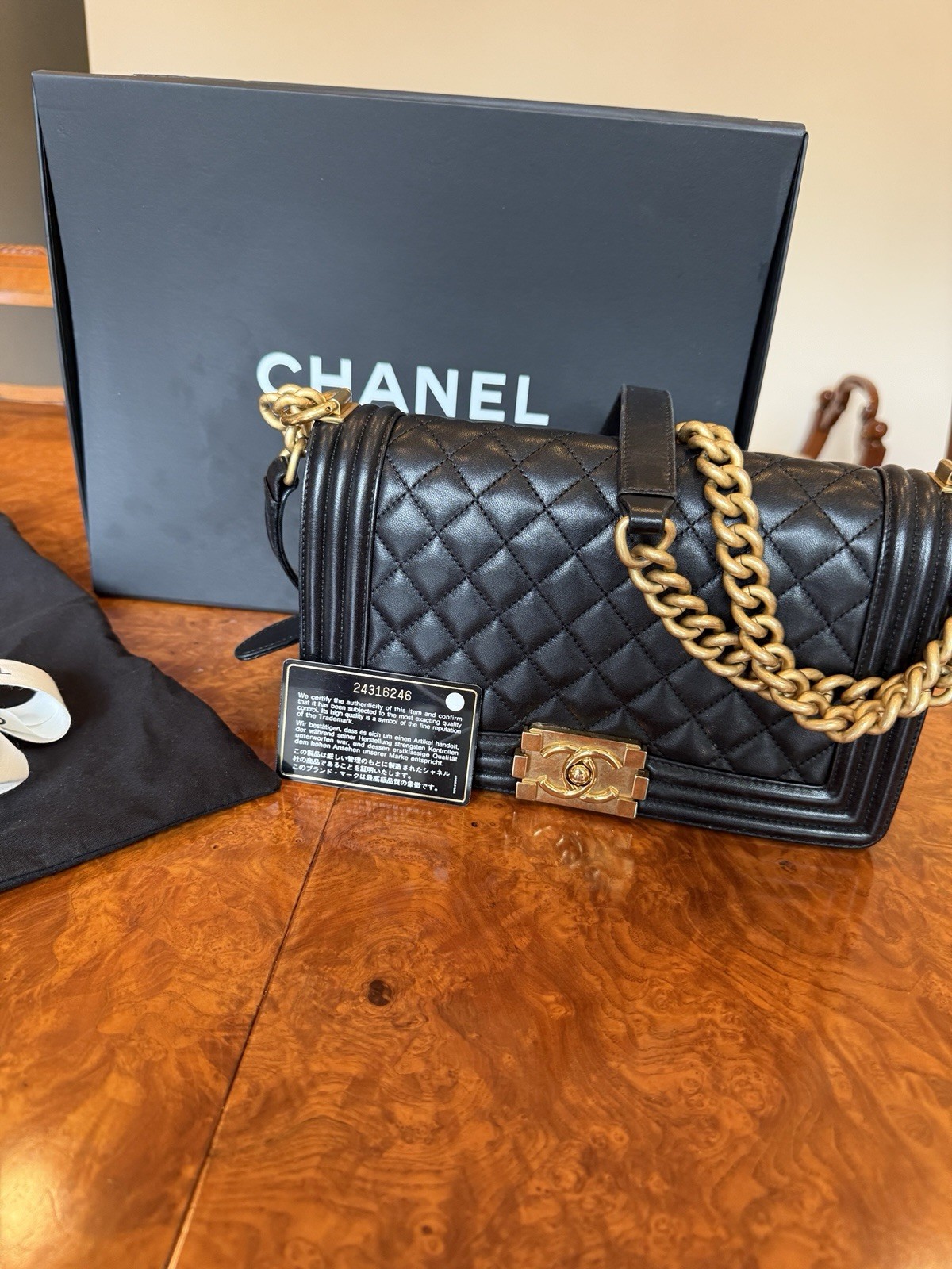 Authentic CHANEL Boy Bag Gold HW Medium Black Calfskin. Auth Card.