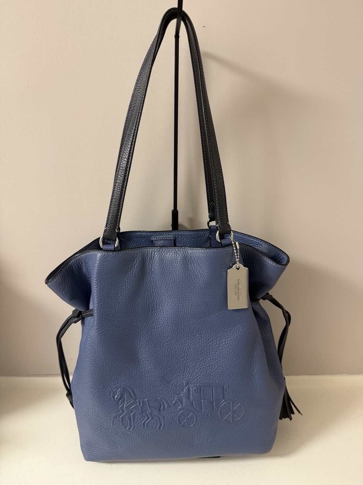 Coach Blue Pebbled Tote Bag, Black Double Handles, Tassel Hang Tag, Silver HW
