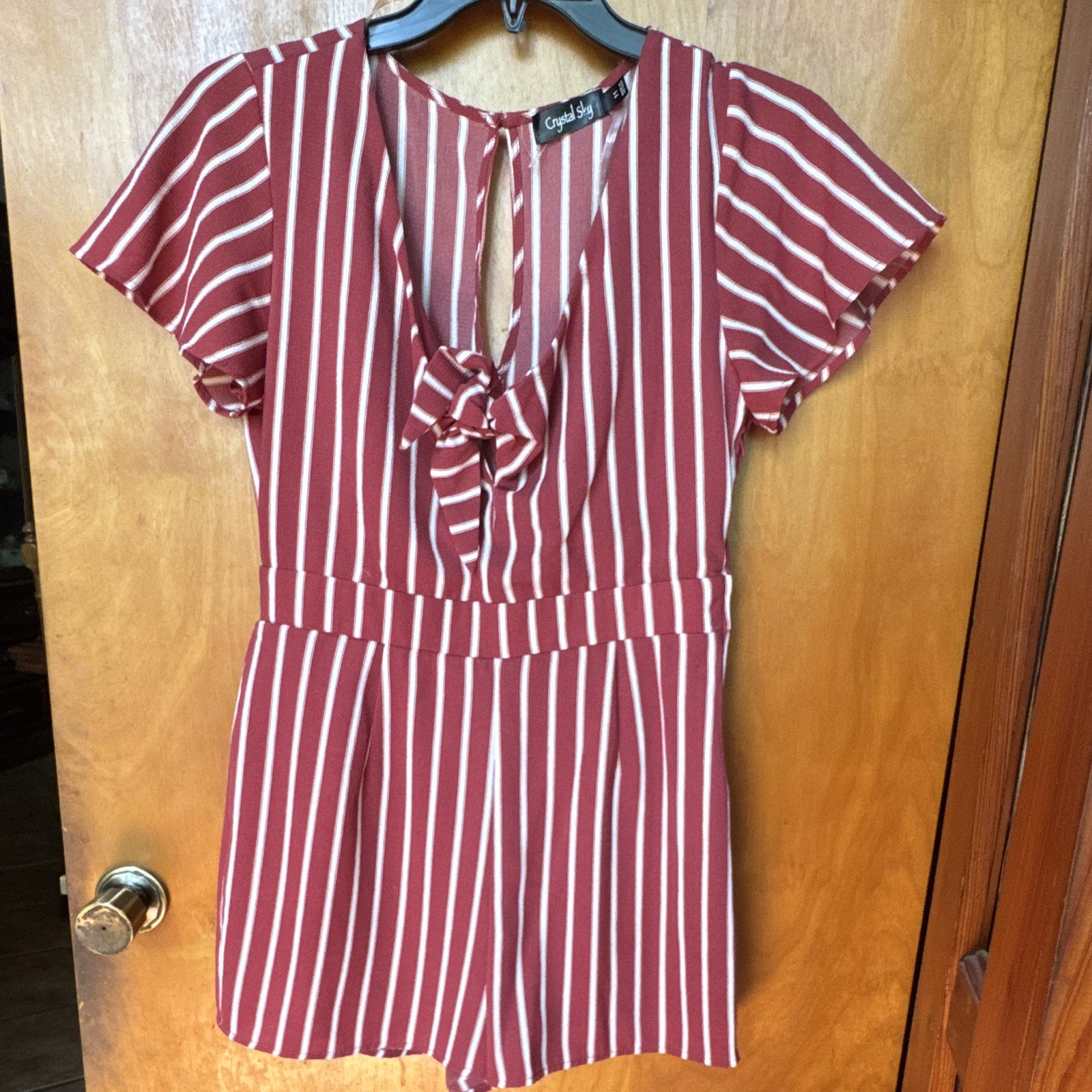 Crystal Sky Women’s Red/White Striped Short Sleeve Bow Romper Woven size 11
