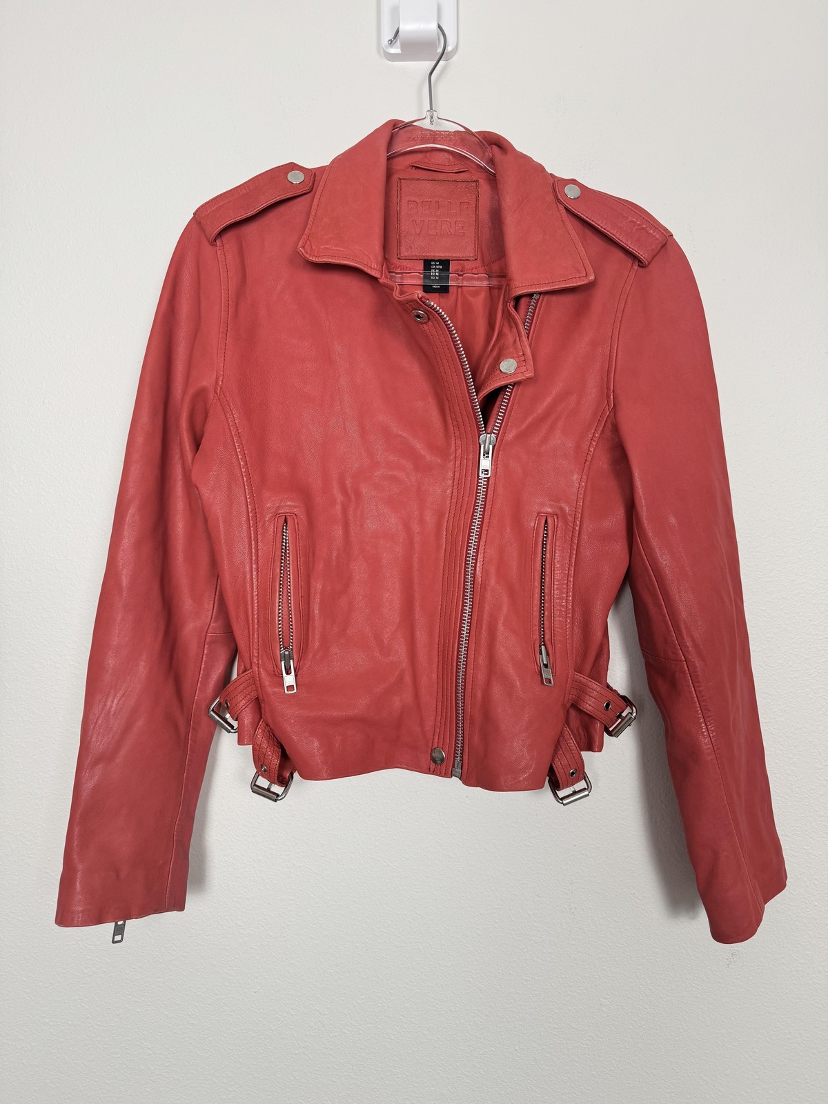 Belle Vere Leather Jacket Womens Medium Red Moto Biker Asym Zip YKK Side Belts