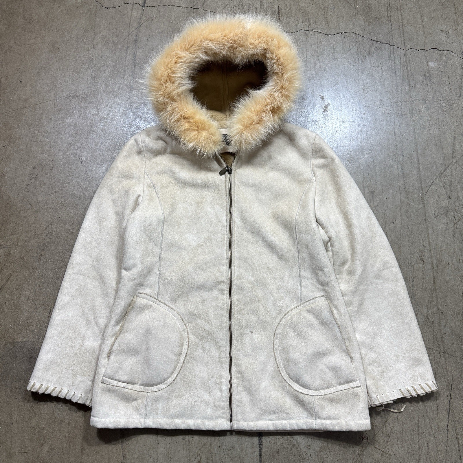 Siena studio Faux Leather Jacket Women Medium Fox Fur Hood Full Zip Vintage 90s