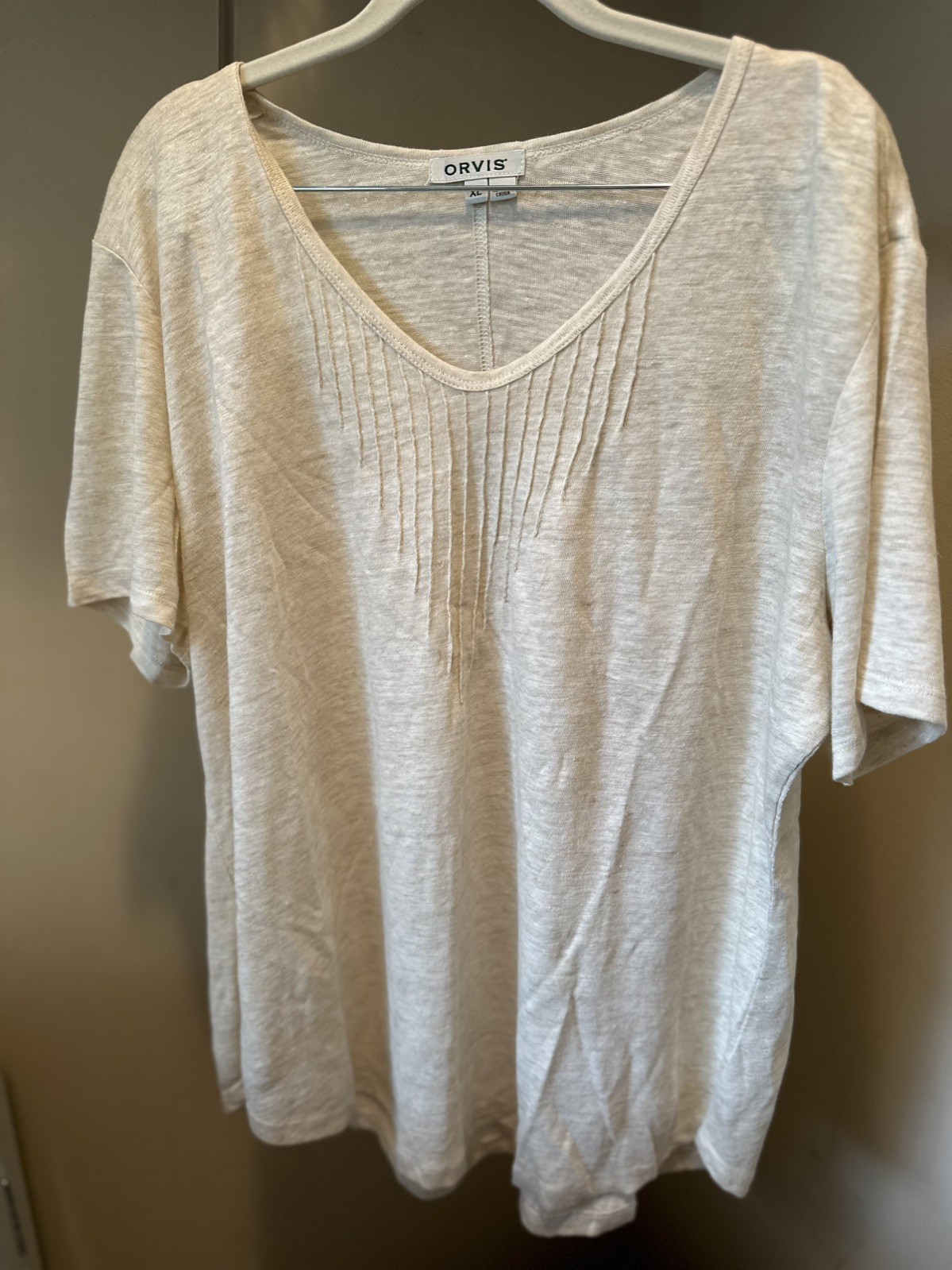 Orvis Womens Minimalist Beige Linen Pintuck Short Sleeve Top XL Granola Coastal