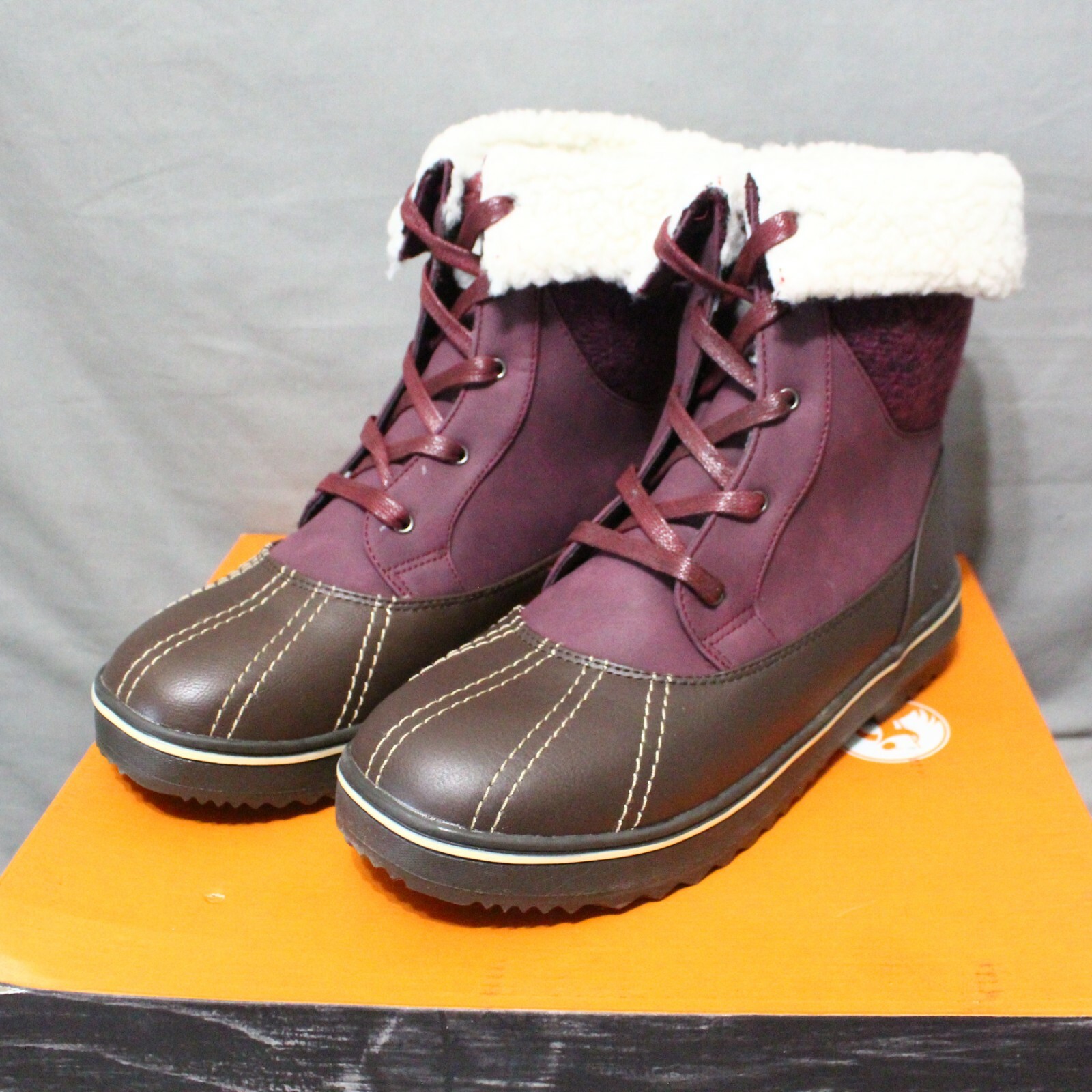 NORTHSIDE womens low heel wine/brown faux fur/faux leather snow boot SZ 10 M New