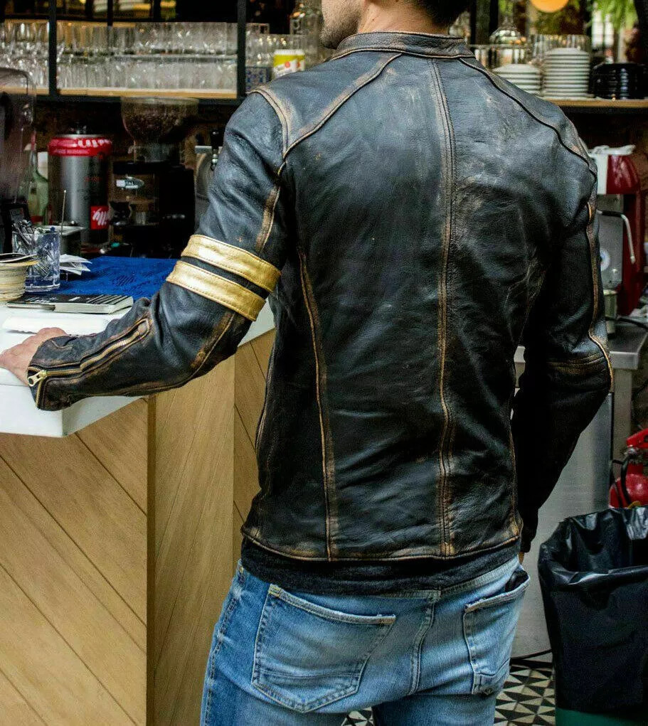 Mens Motorcycle Biker Vintage Cafe Racer Distressed Black Genuine Leather Jacket