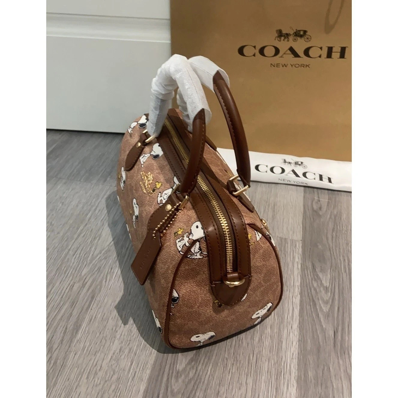 NWT Coach X Peanuts CBM33 Rowan Satchel Bag Signature Canvas Snoopy Print Outlet