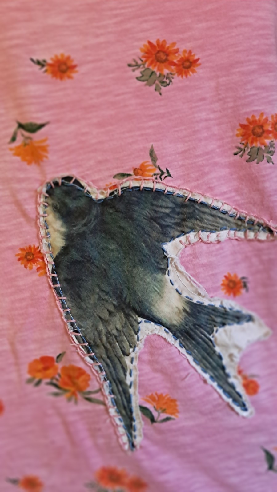 Upcycled OOAK Distressed Pink Floral T-Shirt With Swallow Bird Applique Sz L