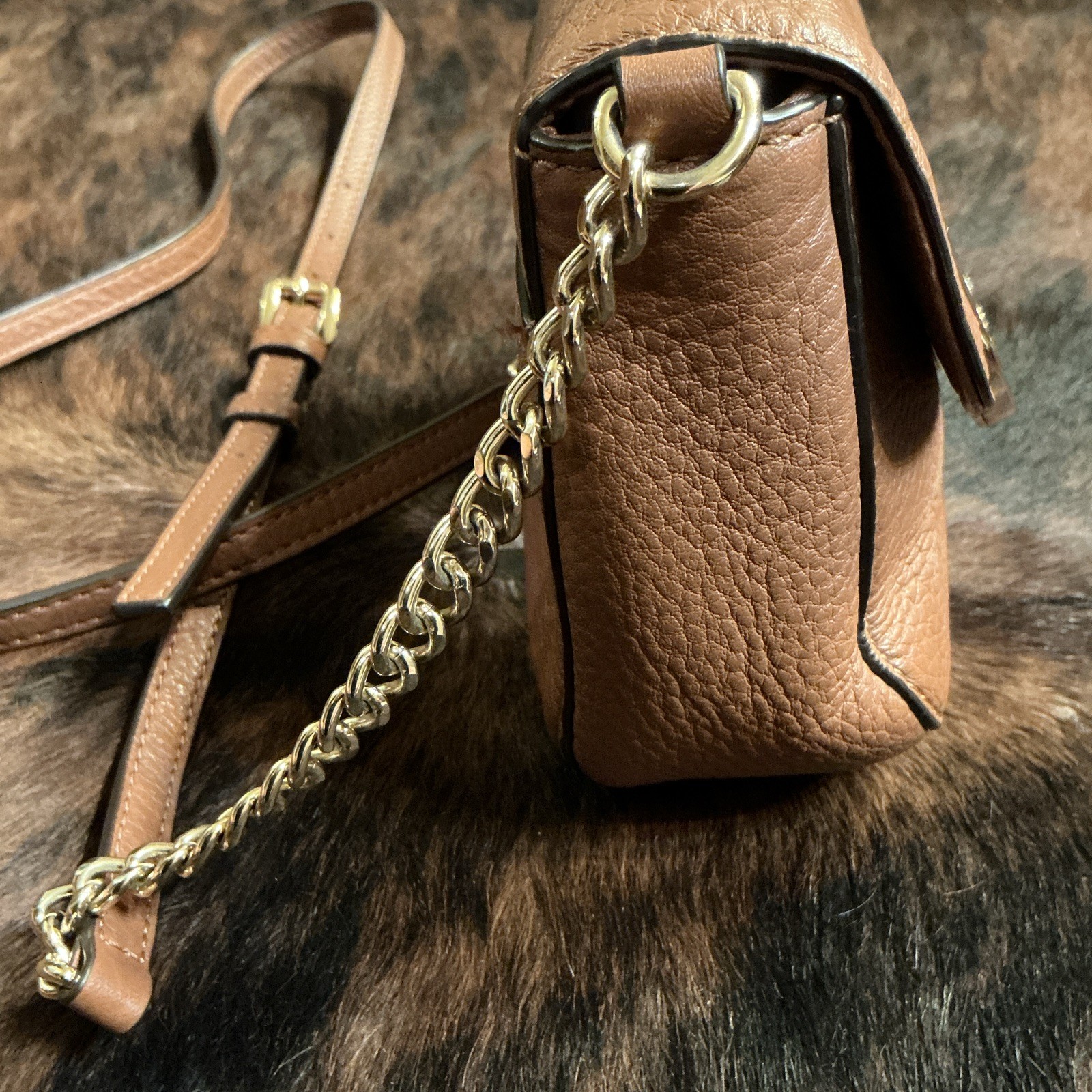 Michael Kors Brown Small Pebbled Crossbody Bag Gold Logo Chain Magnetic Closure