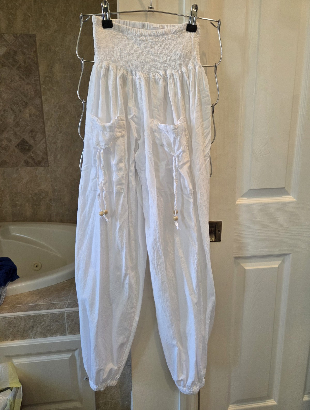 Women’s White Cotton Harem Pants High Rise Drawstring Pockets